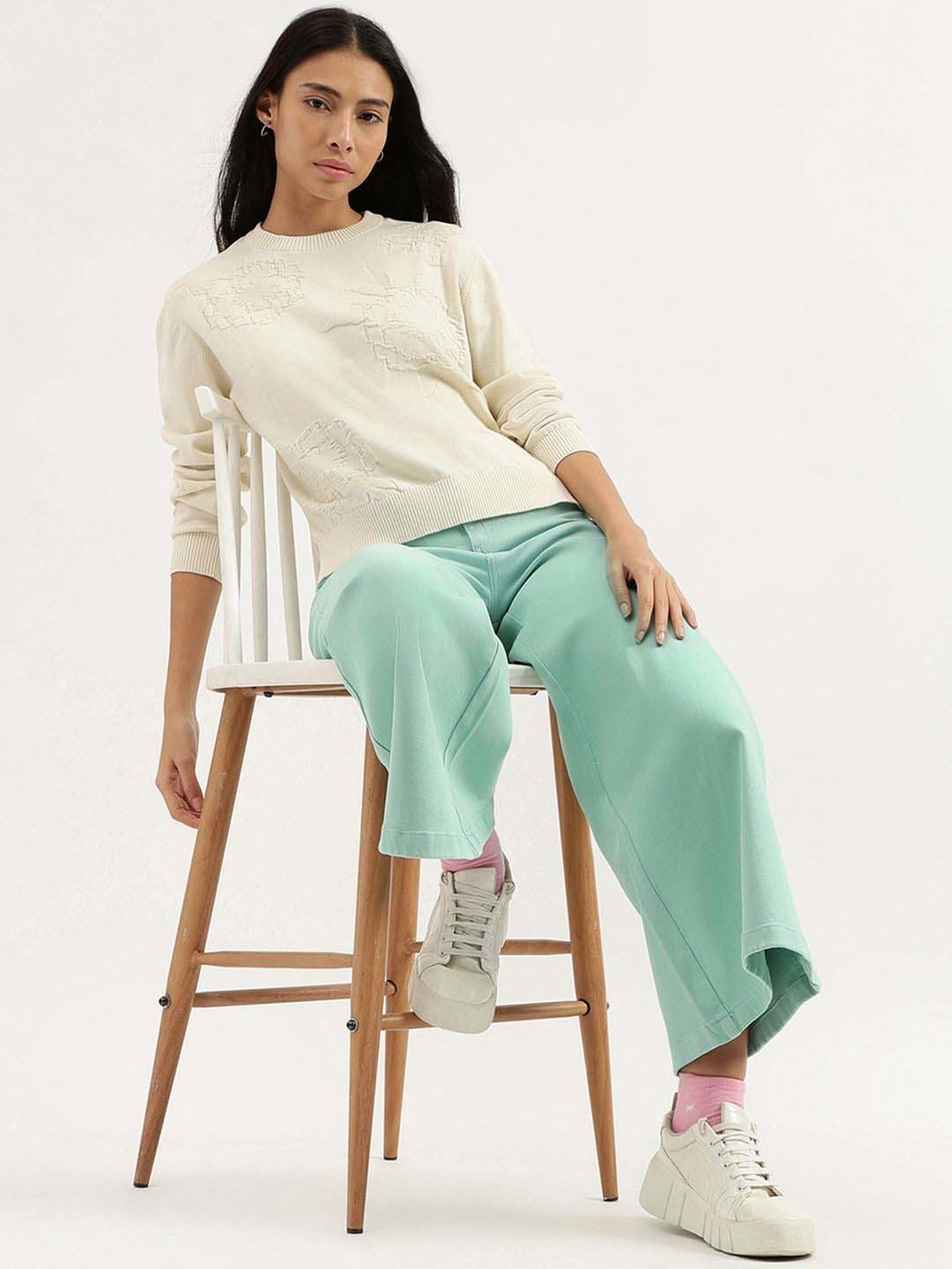 United Colors of Benetton Off White Cotton Self Pattern Top