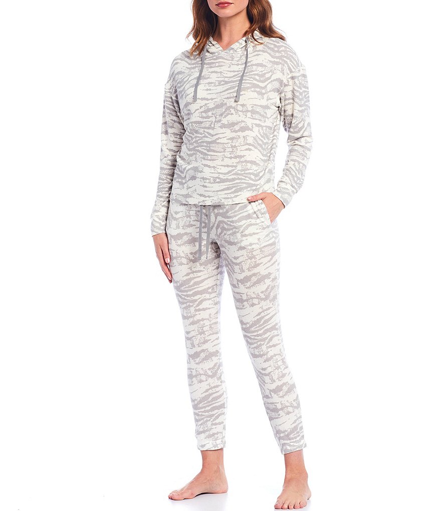 Jasmine & Ginger Zebra Print Brushed Knit Hooded Pullover Sleep Top