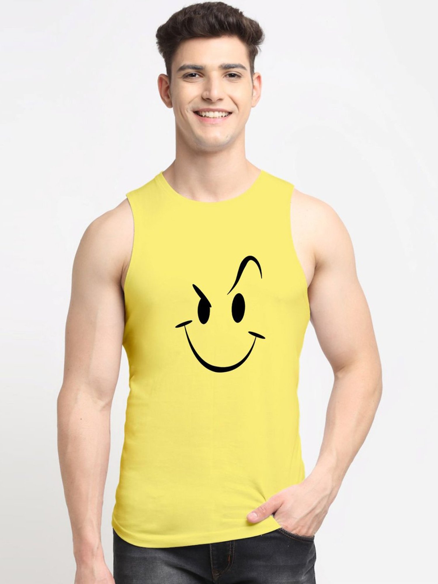 Friskers Yellow Cotton Slim Fit Printed Vest