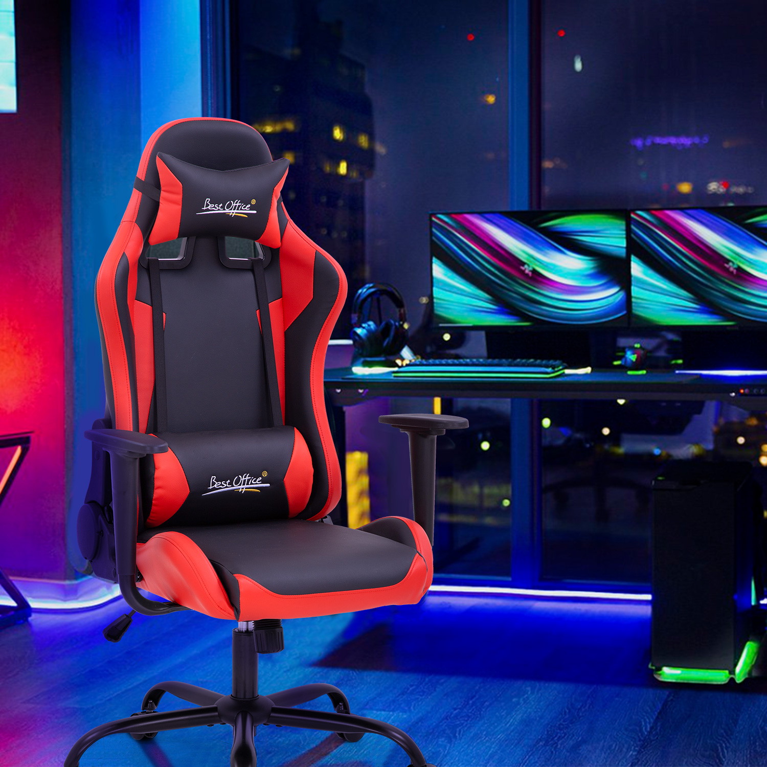 PC Gaming Chair Racing Chair Ergonomic Computer Chair with Lumbar Support Headrest Armrest Task Rolling Swivel Desk Chair PU Leather E-Sports Adjustable Office Chair Red