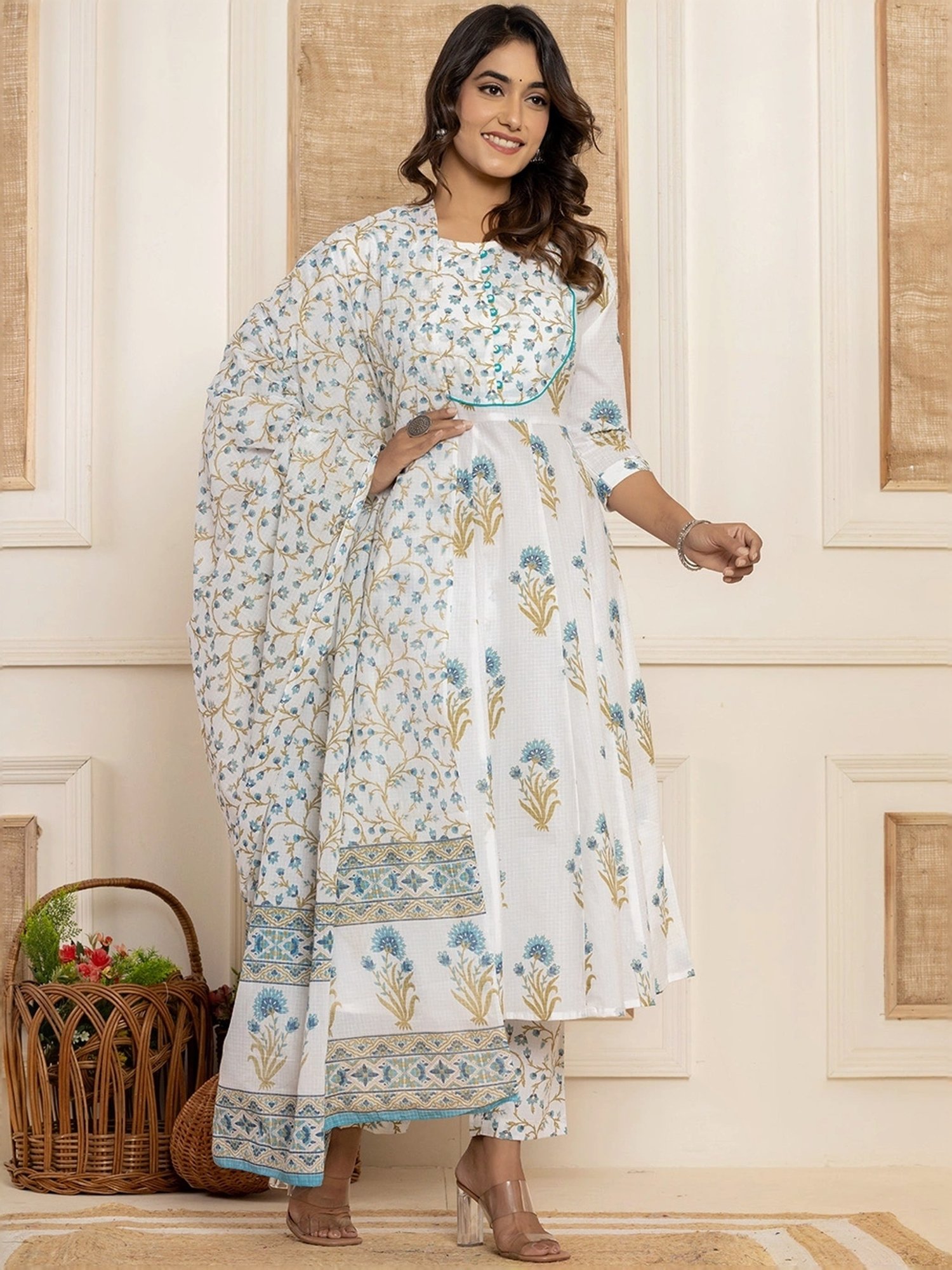 Yufta Blue & White Cotton Printed Kurta Pant Set With Dupatta