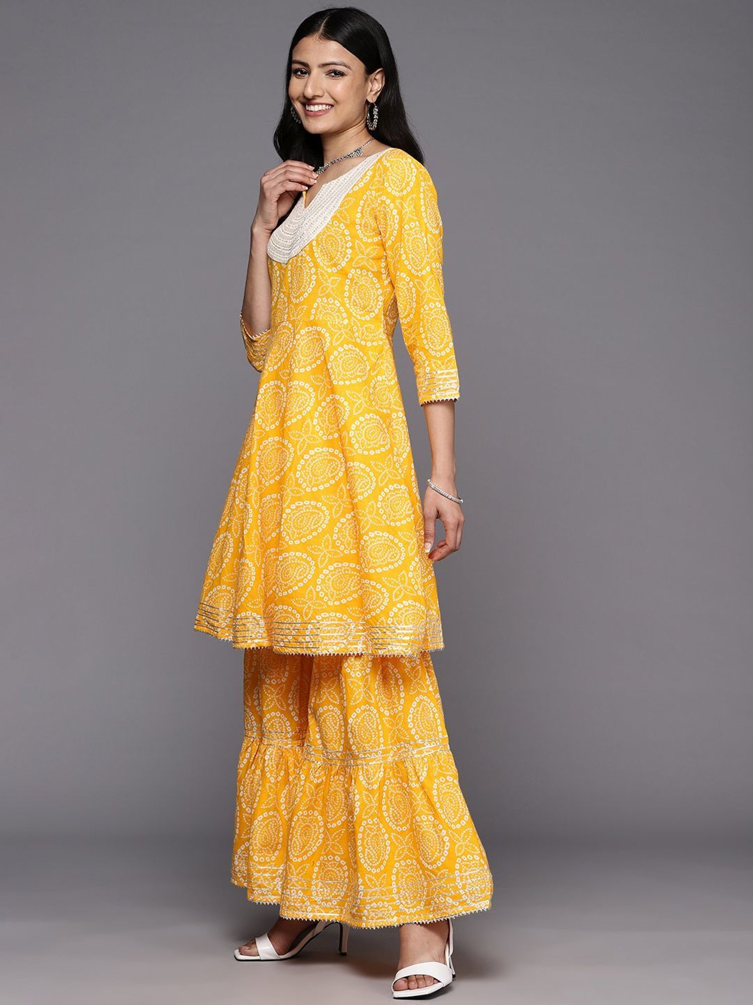 KSUT Mustard Cotton Printed Kurta Sharara Set With Dupatta