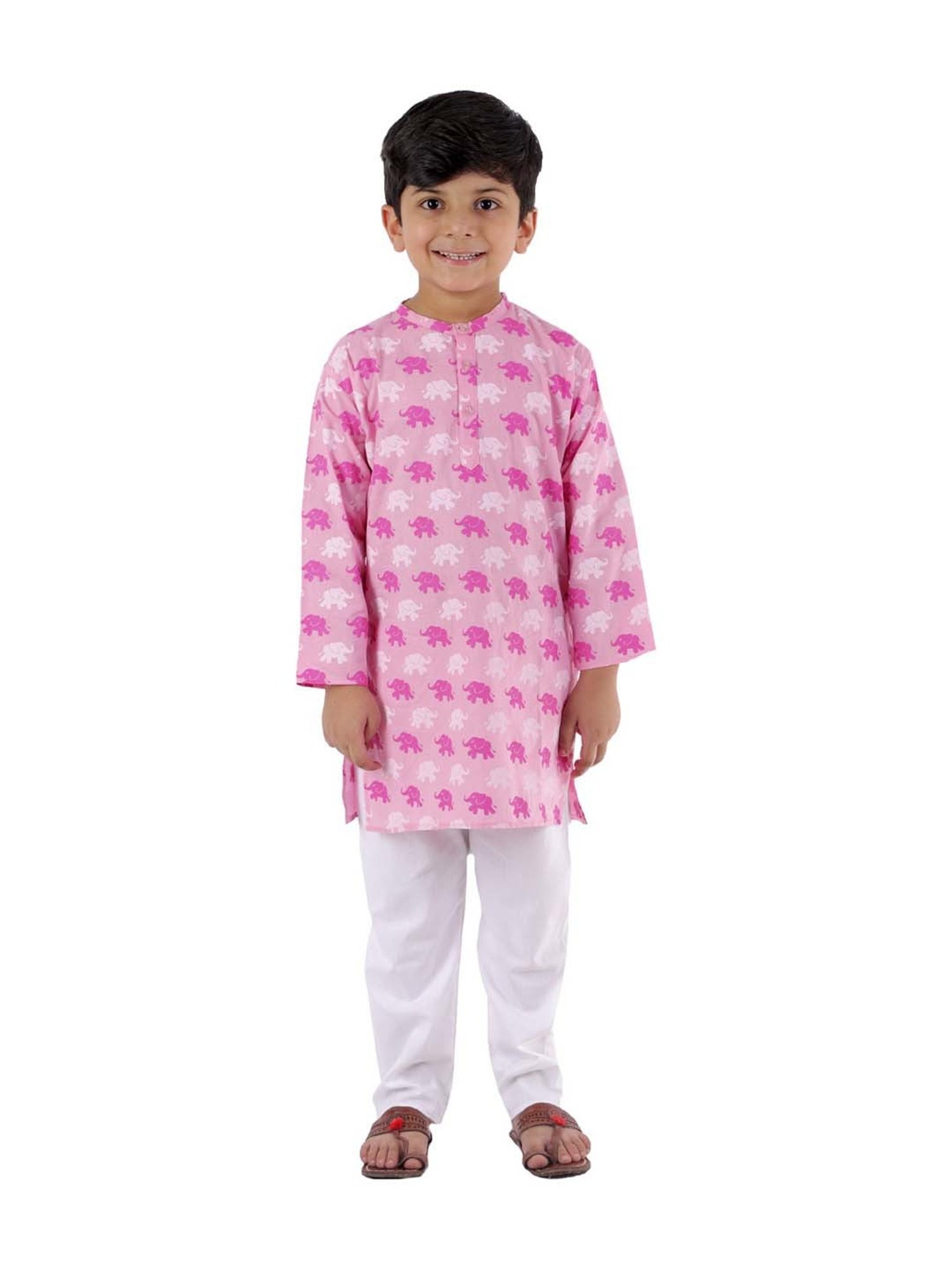 Ahhaaaa Kids Pink & White Cotton Printed Kurta Set