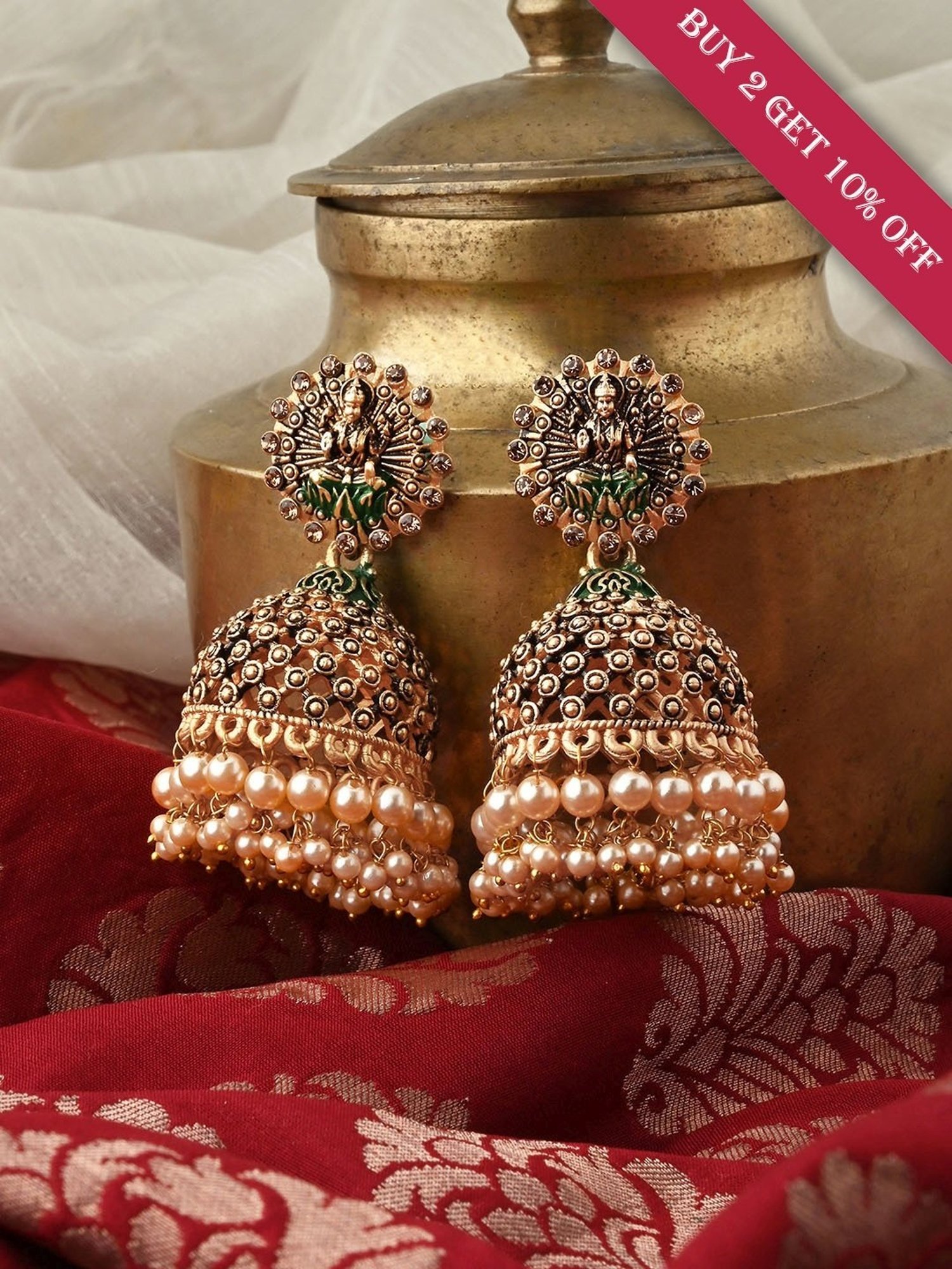 Teejh Chakriya Green Golden Enamel Jhumki Earrings