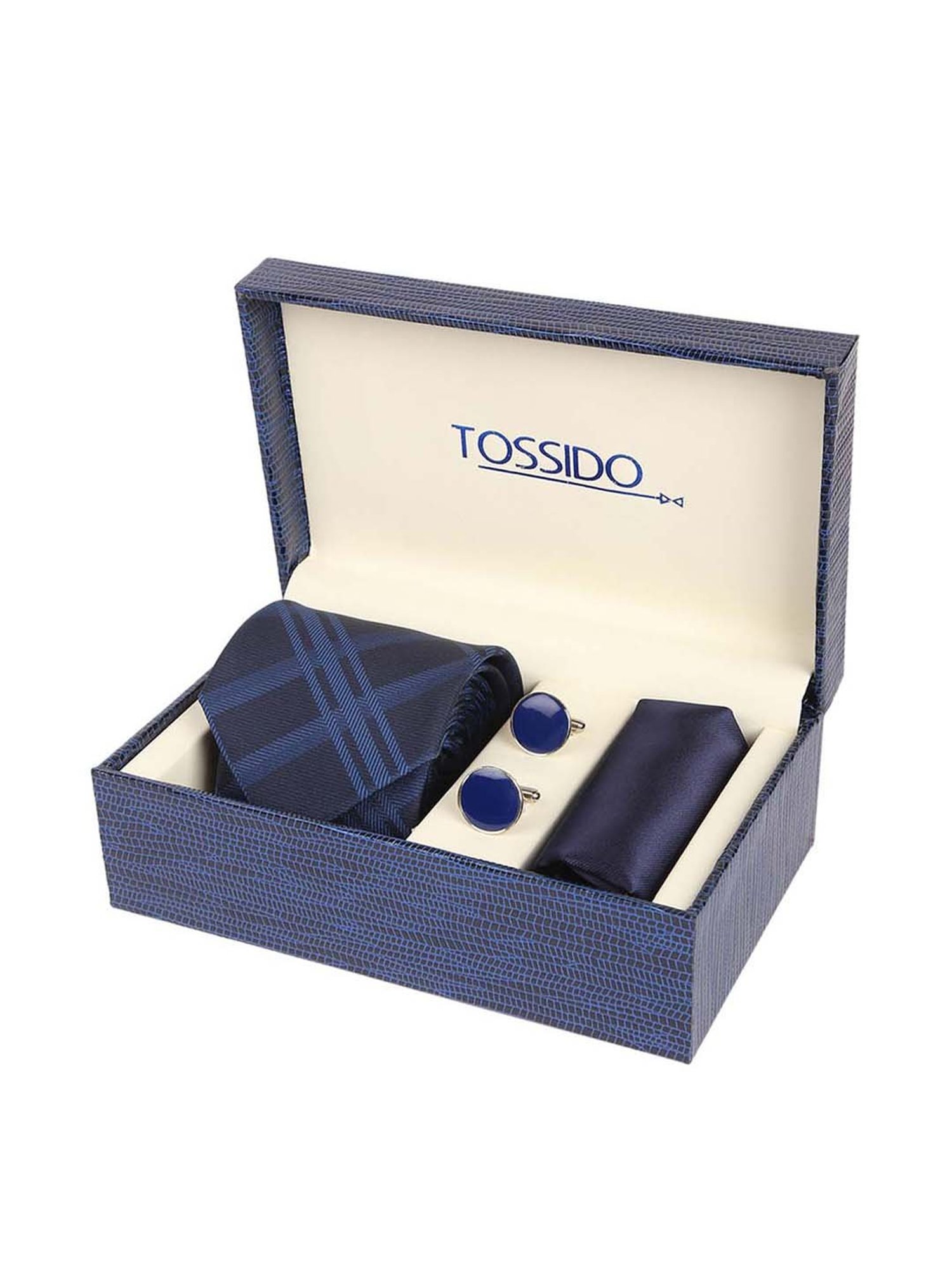 Tossido Blue Woven Necktie With Pocket Square and Cufflinks