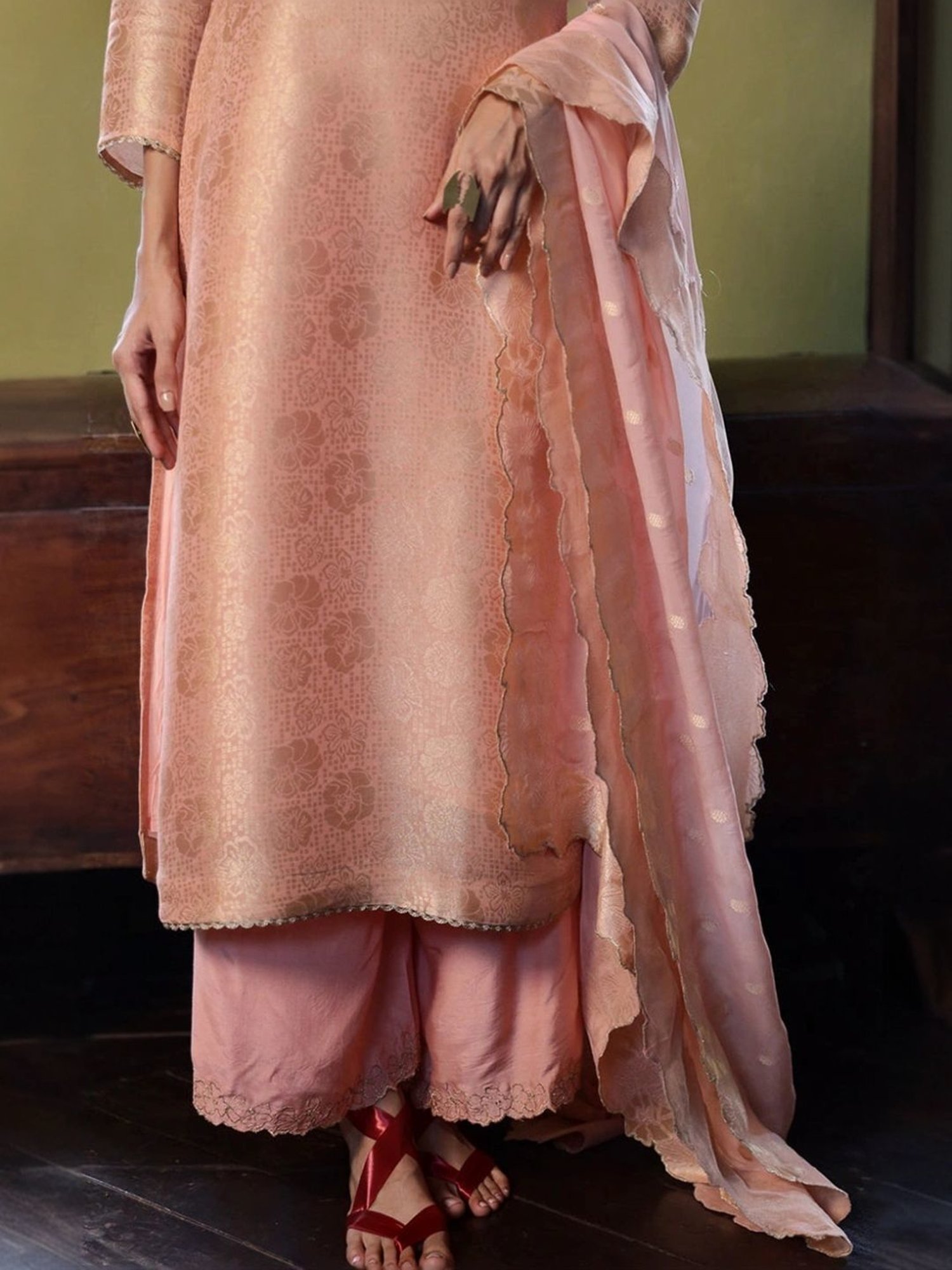 Ganga Fashions Apricot Blush Woven Kurta with Salwar and Dupatta