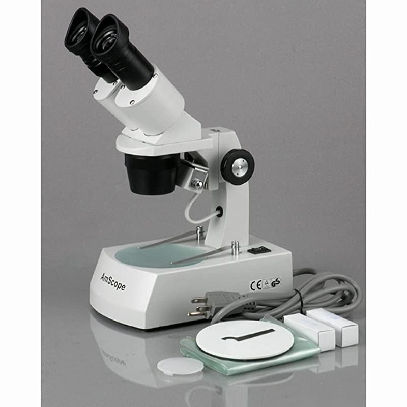 SE306RAZ ForwardMounted Binocular Stereo Microscope WF10x and WF20x Eyepieces 20X40X80X Magnification 2X and 4X Objectives Upper and Lower Halogen Lighting Reversible BlackWhite Stage Plate Arm Stand
