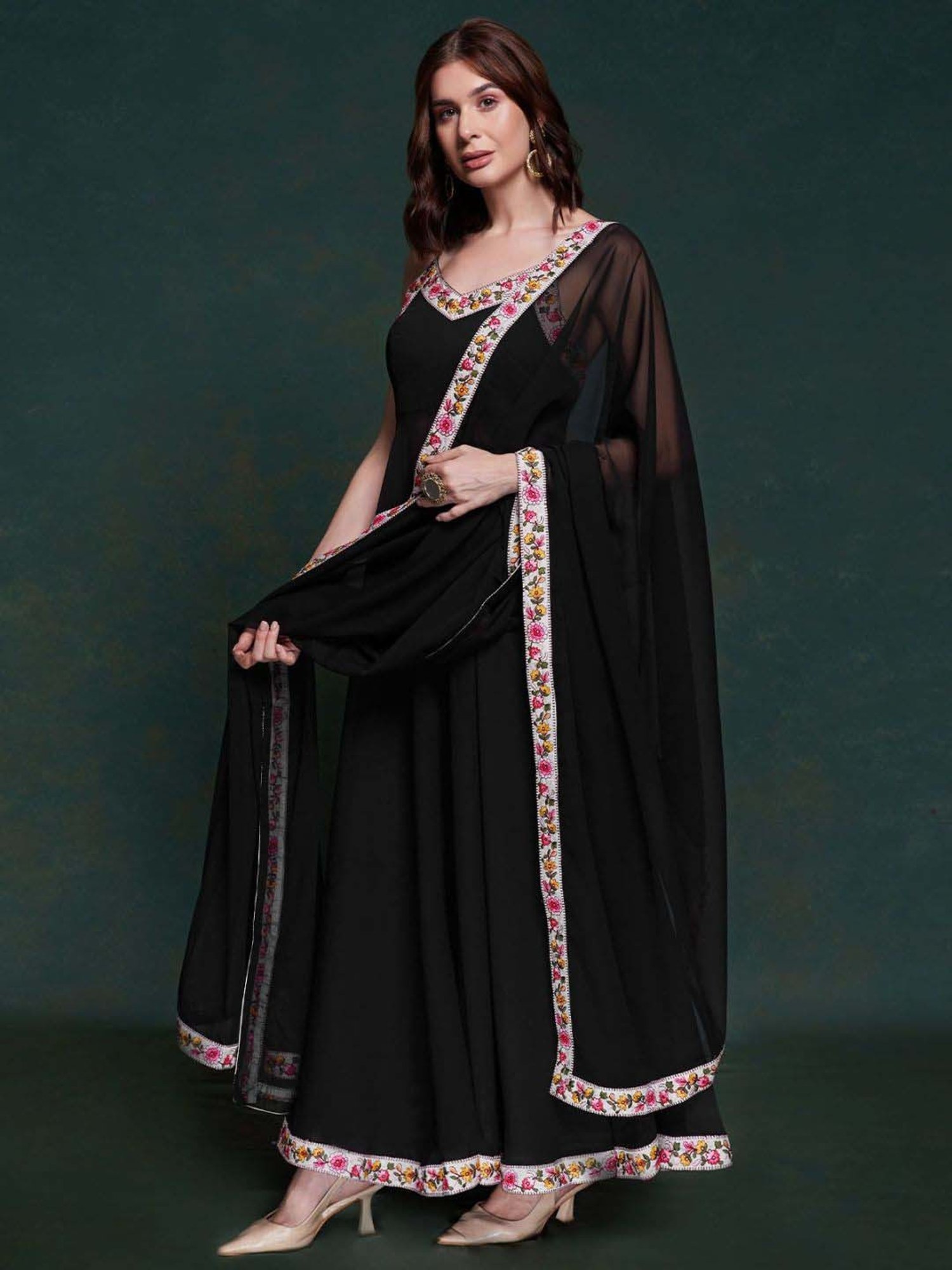Odette Black Floral Print Kurta & Pant Set with Dupatta