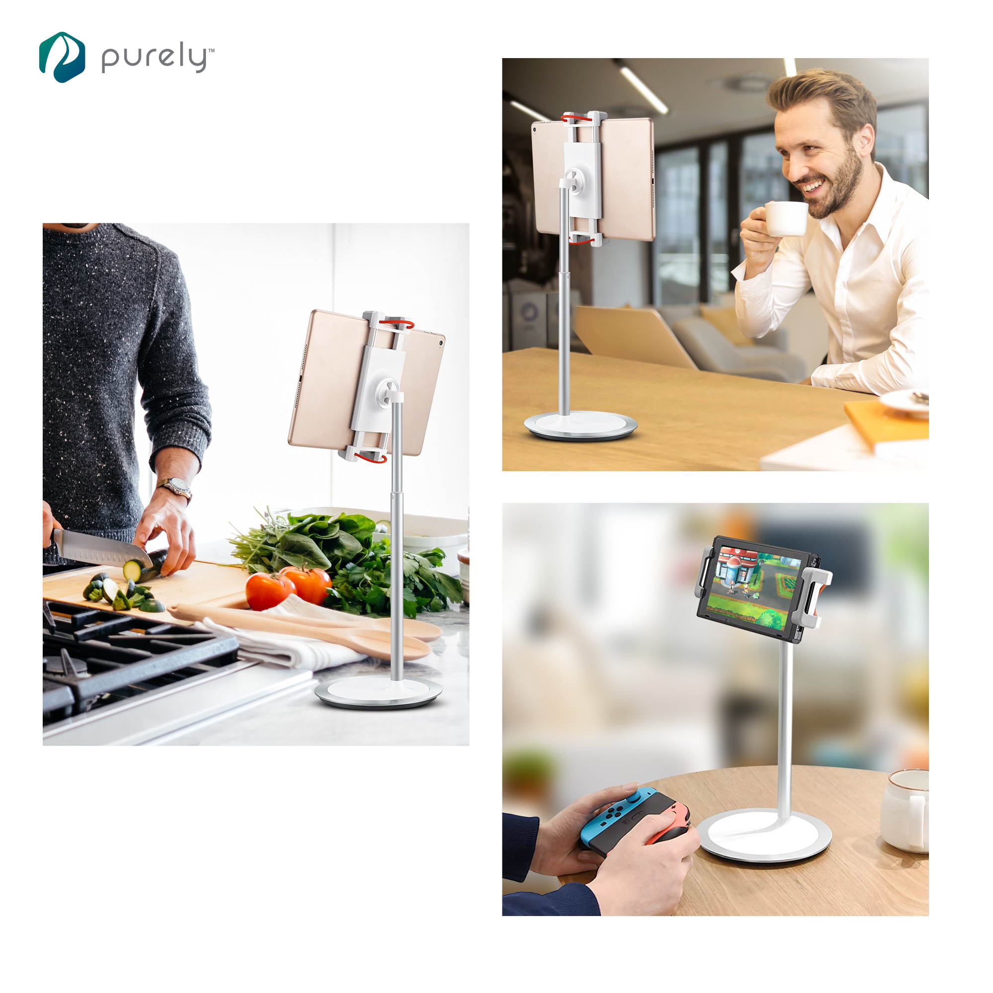 Purely Adjustable Phone and Tablet Stand | Holder for Desk with Clamp for iPhone, iPad, Android, and Tablets - Full 360&deg; Motion and Weighted Base, Adjustable Height from 11"-18" &ndash; White