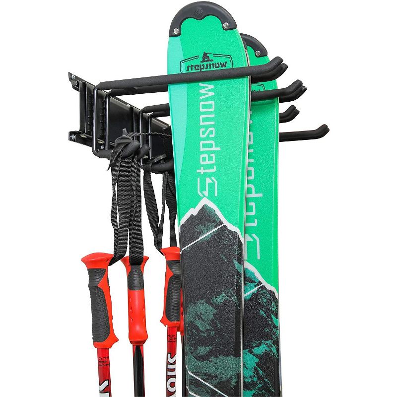 RaxGo Ski Wall Rack, Holds 4 Pairs of Skis & Skiing Poles or Snowboard, for Home and Garage Storage, Wall Mounted, Heavy Duty, Adjustable Rubber-Coated Hooks