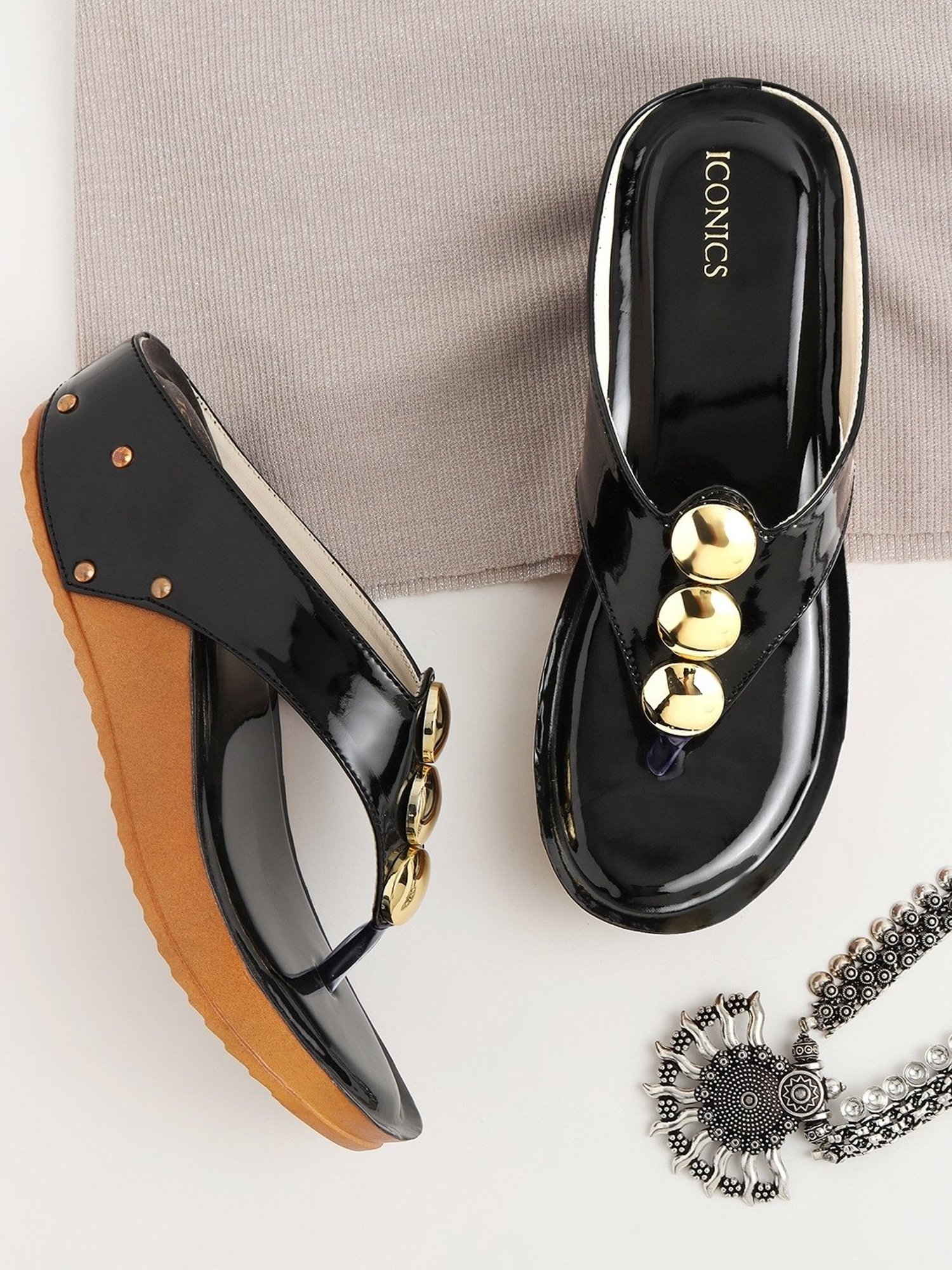 Iconics Women's Black Thong Wedges