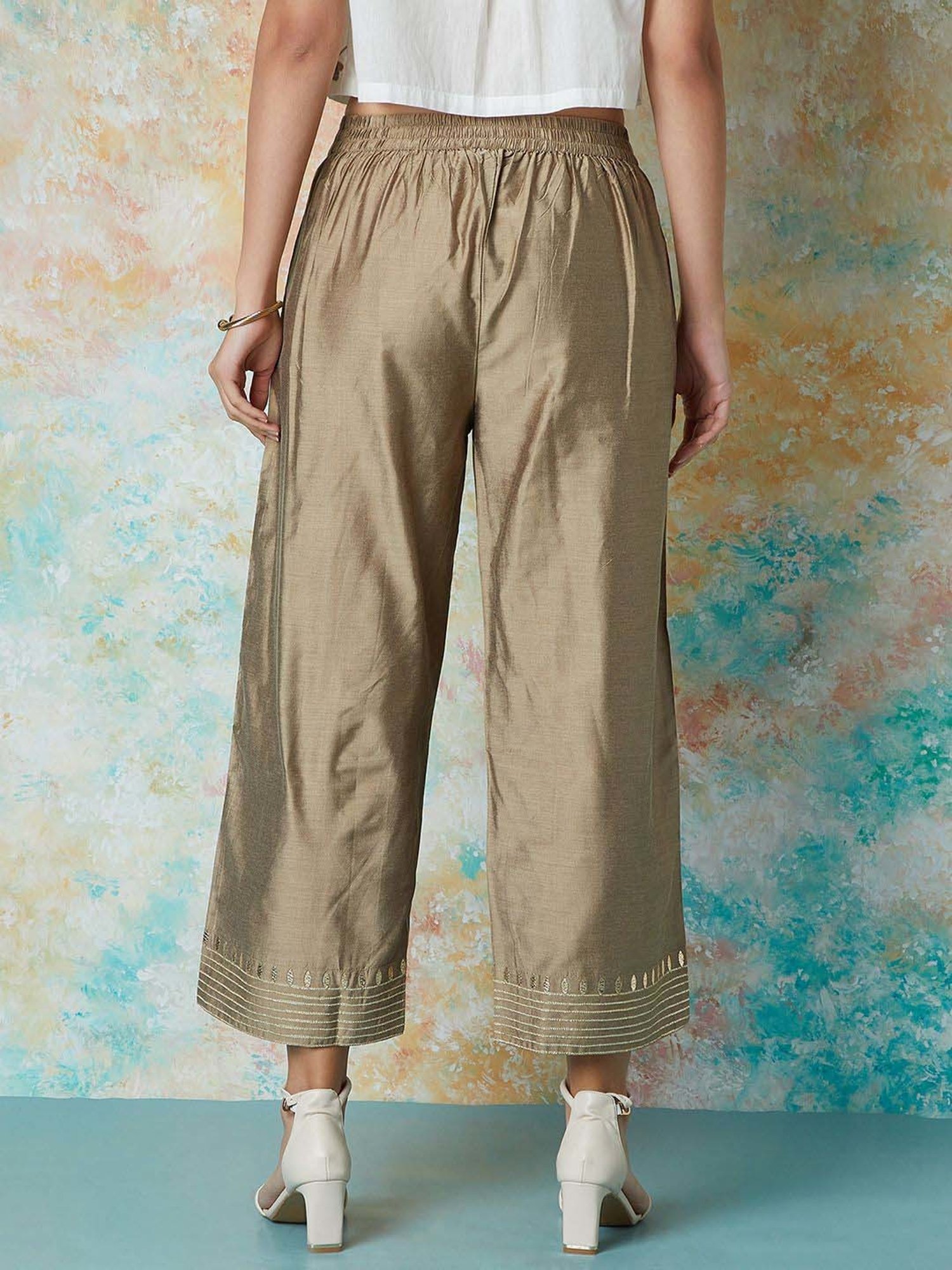 Melange by Lifestyle Beige Embroidered Palazzos