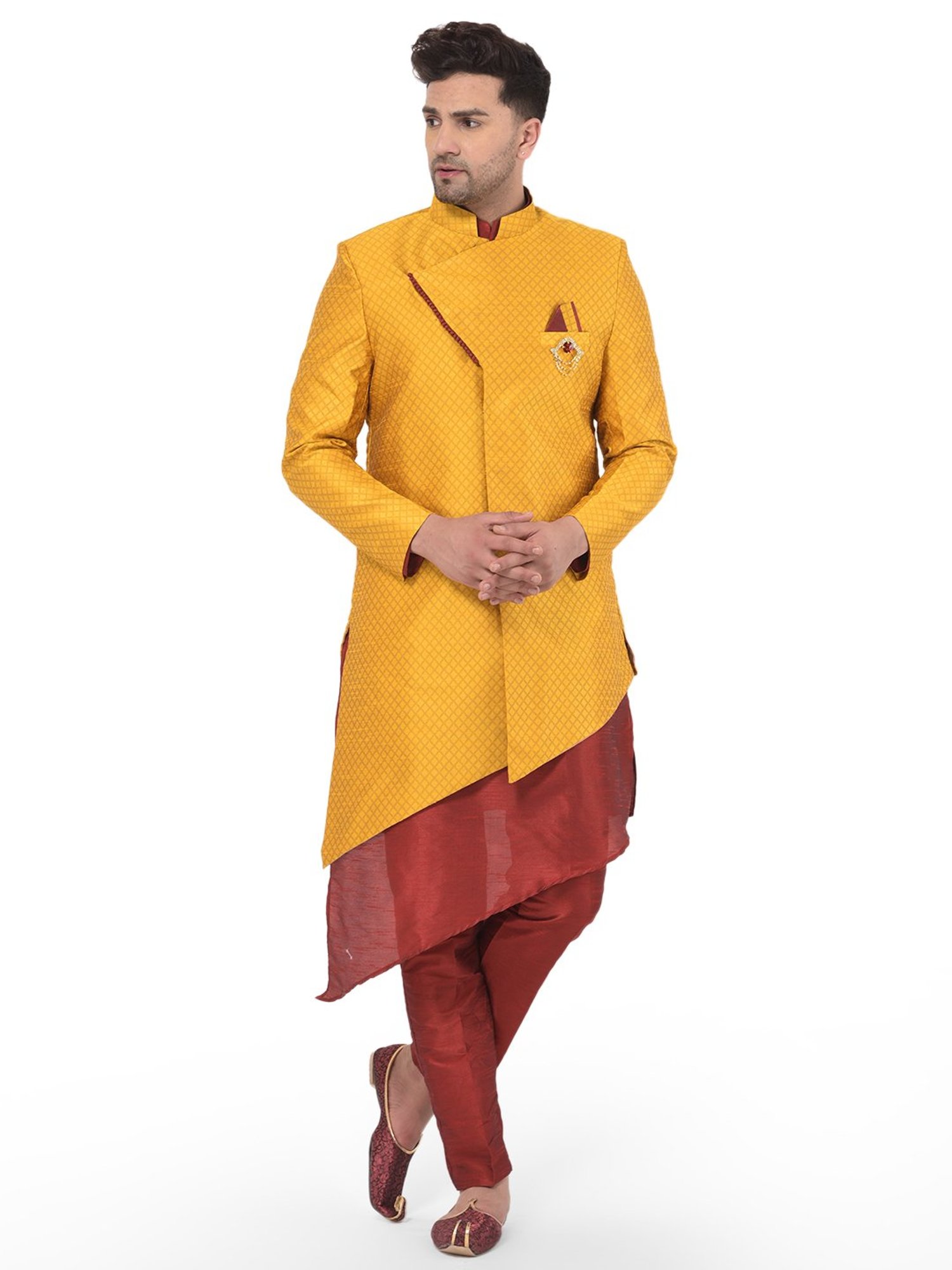 SG RAJASAHAB Yellow & Red Regular Fit Printed Kurta Set