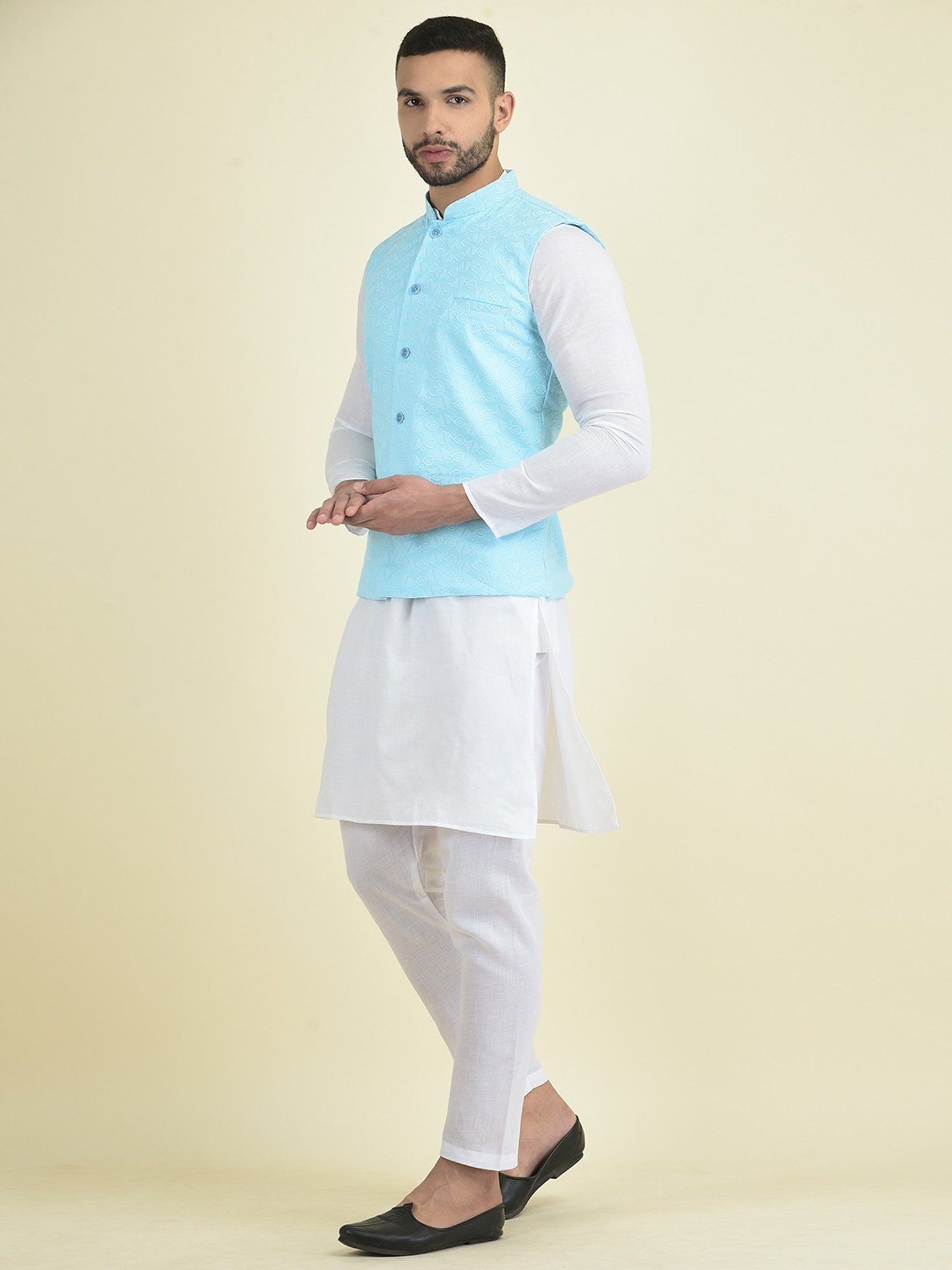Deyann Blue & White Cotton Regular Fit Embroidered Kurta Set With Jacket