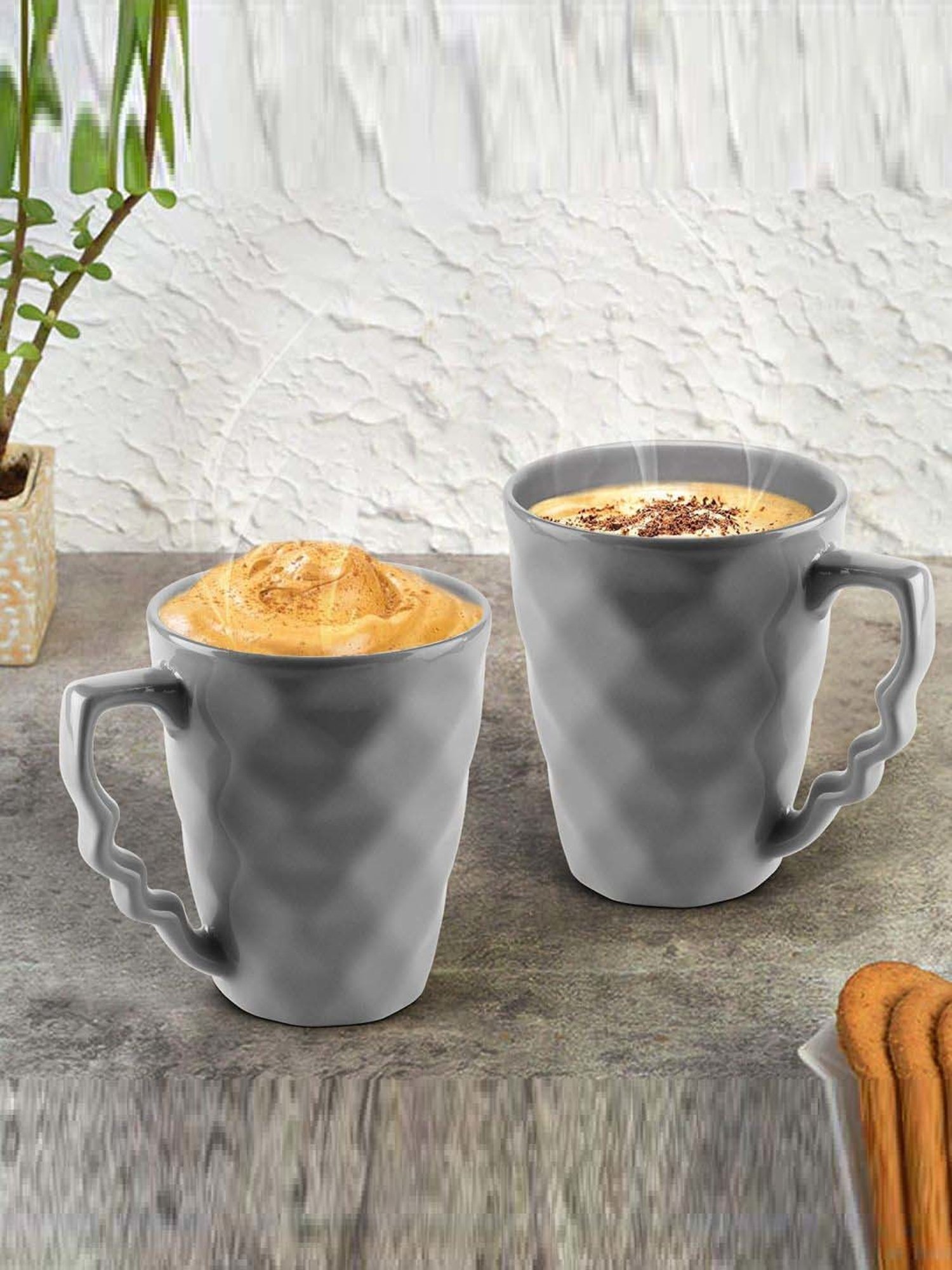 Urban Chef Grey Ceramic Prism Microwave Safe Coffee Mug With Handle (0.225 L) - Set of 2