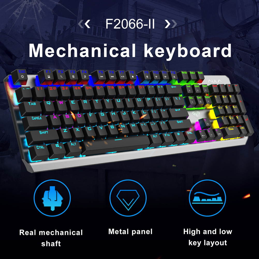 AULA F2066 II Wired Mechanical Gaming Keyboard with 104 Keys Support 6-key and N-key Mode Metal Panel Keyboard, Black
