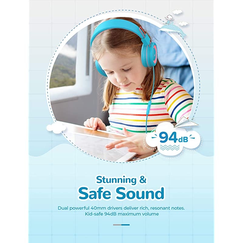 HS14 Kids Headphones with Microphone, Headphones for Kids with 94dB Volume Limited for Boys Girls, Adjustable Headband, Foldable, Child Headphones for Study Tablet Airplane School-Blue,Pink