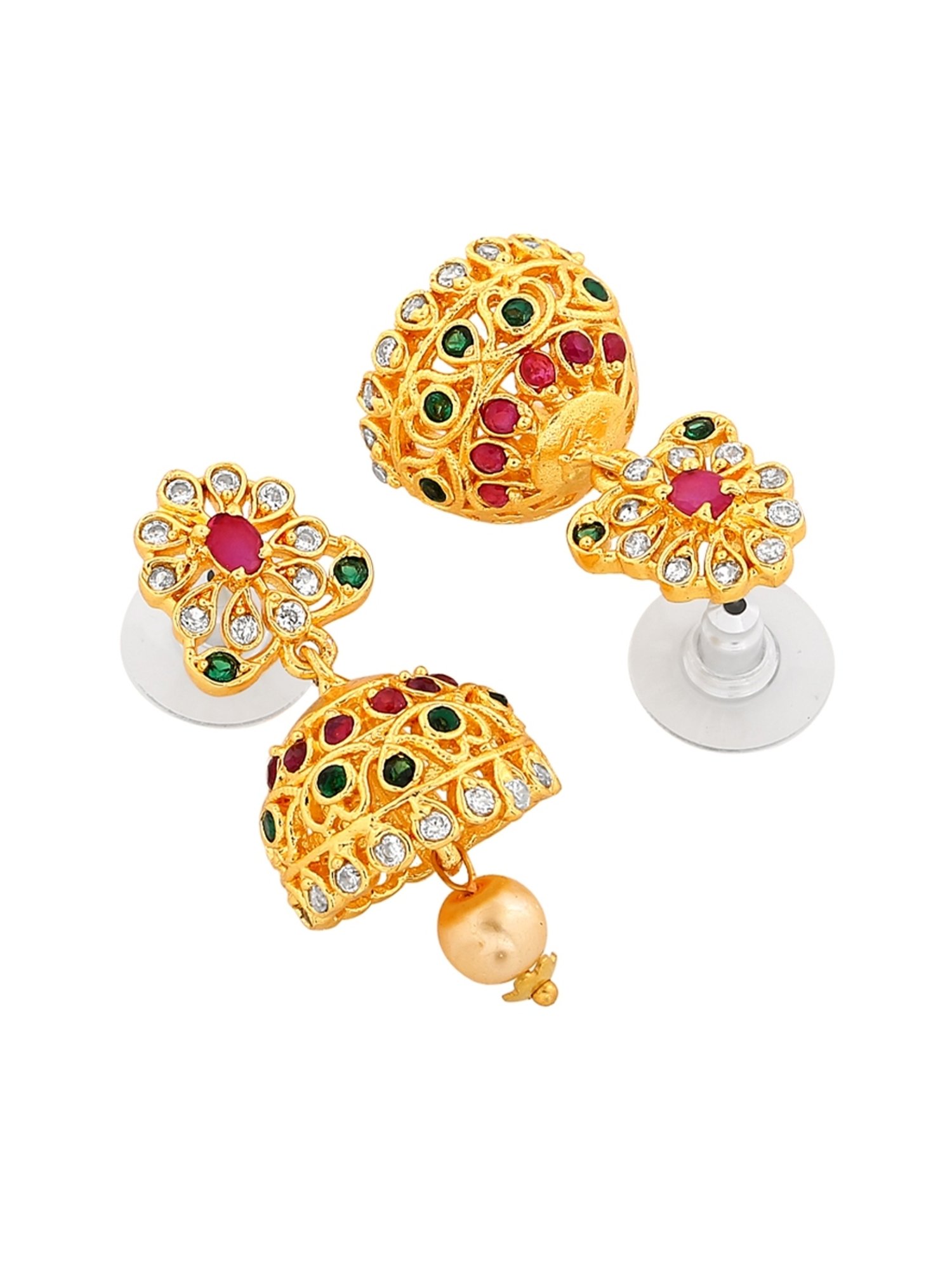 Estele Gold-Plated CZ Intricate Jhumki Earrings with Pearl & Multi Crystal for Women