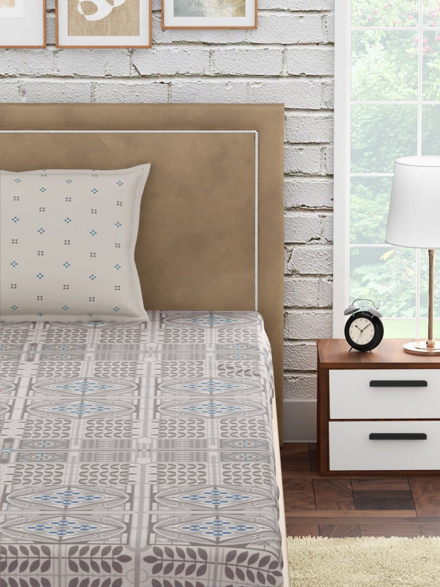 Petal Home Strasbourg Geometric Grey 300 TC Cotton Single Bed Sheet with 1 Pillow Cover