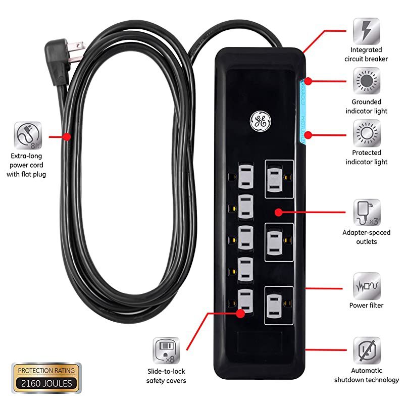Sur Protector 8 Outlet Power Strip ExtraLong 8ft Power Cord Flat Plug Power Filter Circuit Breaker 2160 Joules Warranty Black 37870