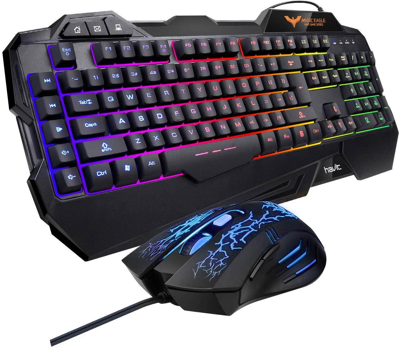 Havit Keyboard Rainbow Backlit Wired Gaming Keyboard Mouse Combo, LED 104 Keys USB Ergonomic Wrist Rest Keyboard, 3200DPI 6 Button Mouse for Windows PC Gamer Desktop, Computer (Black)