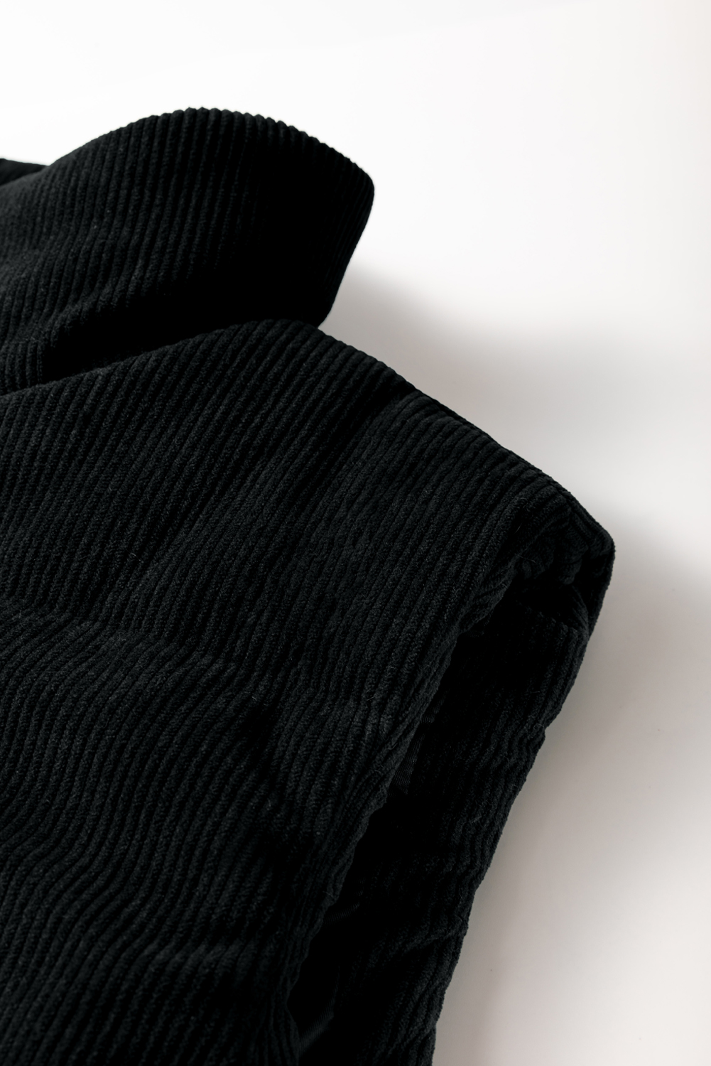 Black Solid Color Corduroy Puffer Vest Coat