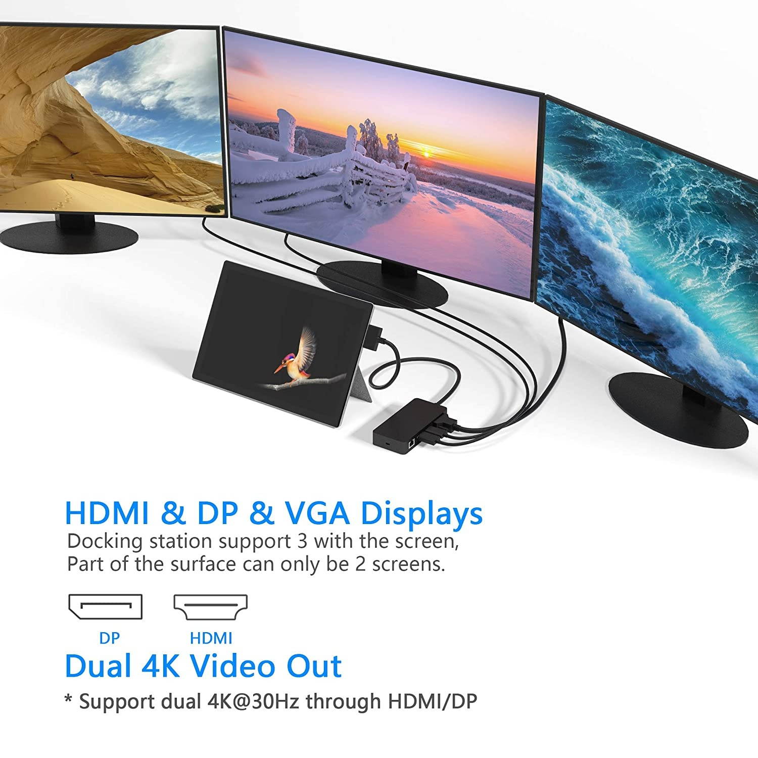 Surface Pro Dock for Surface Pro 4/5/6 Docking Station with HDMI, VGA, DP, RJ-45 Gigabit Ethernet Port, 3X USB 3.0 Ports, USB C Sync Port, Audio Out Port, SD/TF Card Reader, Micro USB Port