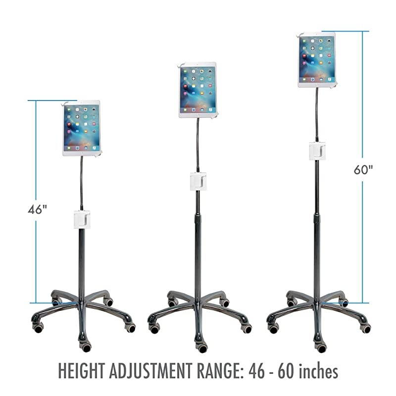 HeavyDuty HeightAdjustable Rotating Tablet Stand with Security Gooseneck and Locking Wheels for 713quot Tablets Including iPad 102Inch 7th Gen Silver