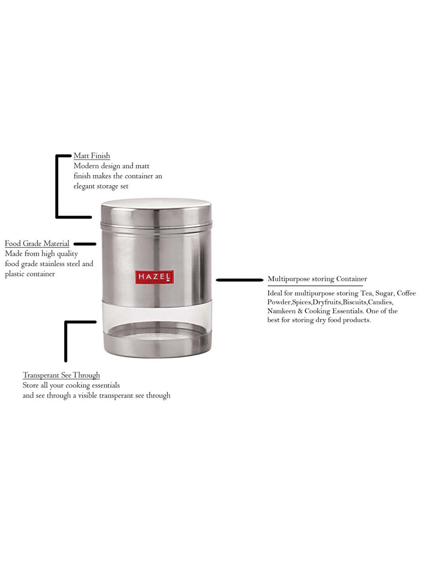 HAZEL Silver Stainless Steel Storage Container (950 ml) - Set of 1