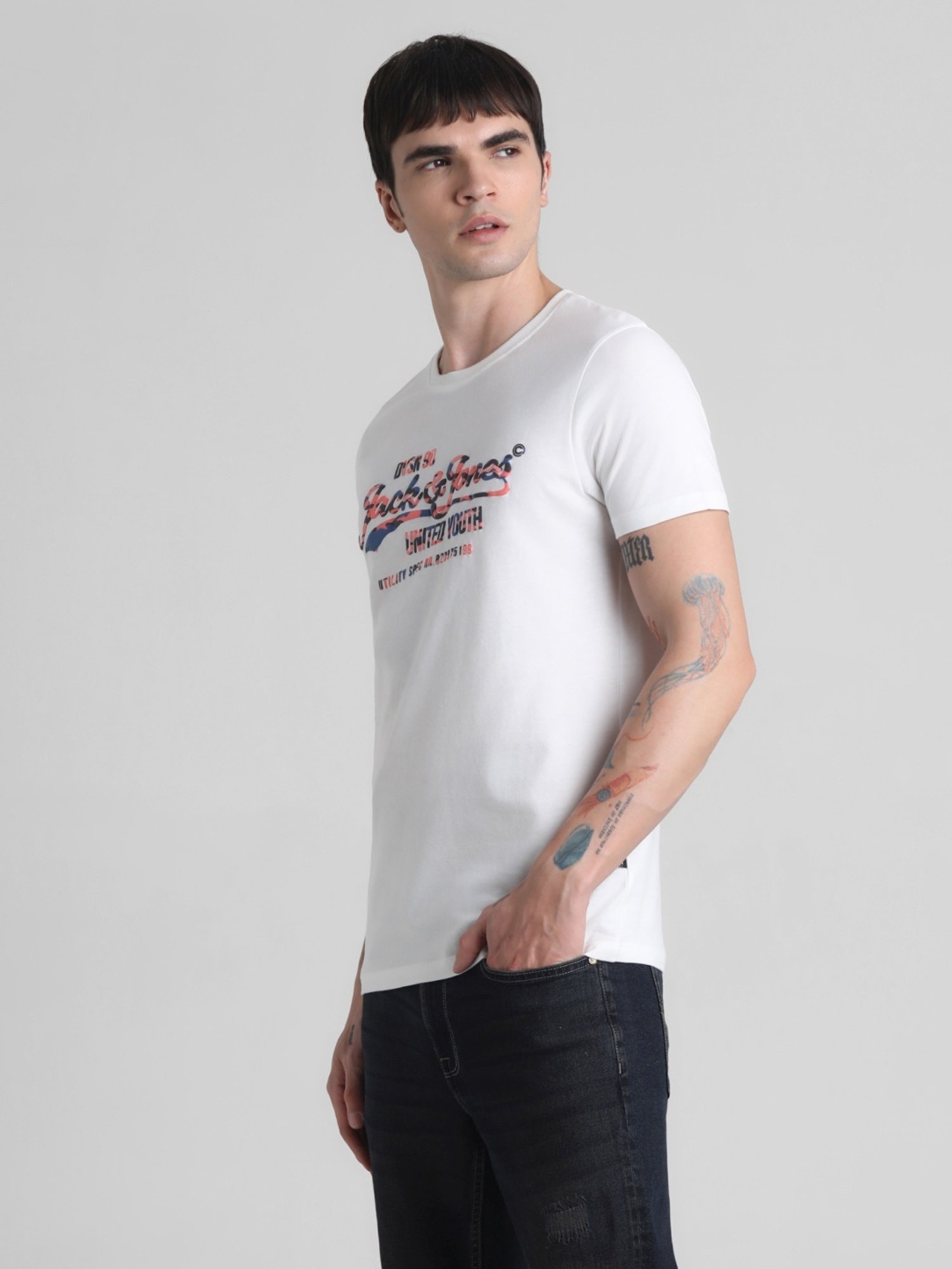 Jack & Jones Cloud Dancer Cotton Slim Fit Printed T-Shirt