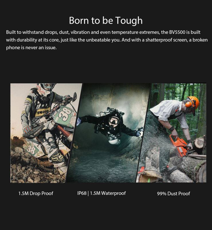 BV5500 IP68 Waterproof Mobile Phone Dual SIM Rugged Smartphone MTK6580P 3GB+16GB 5.5" 18:9 Screen 4400mAh Android 8.1