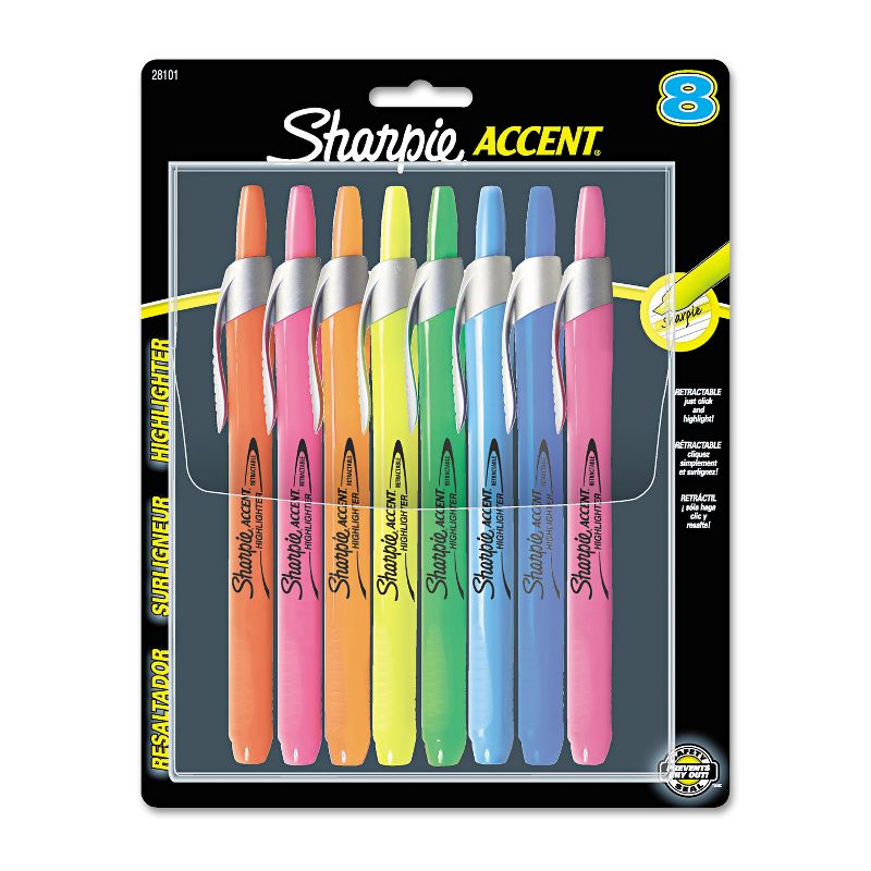Sharpie Accent Retractable Highlighters Chisel Tip Assorted Colors 8/Set 28101