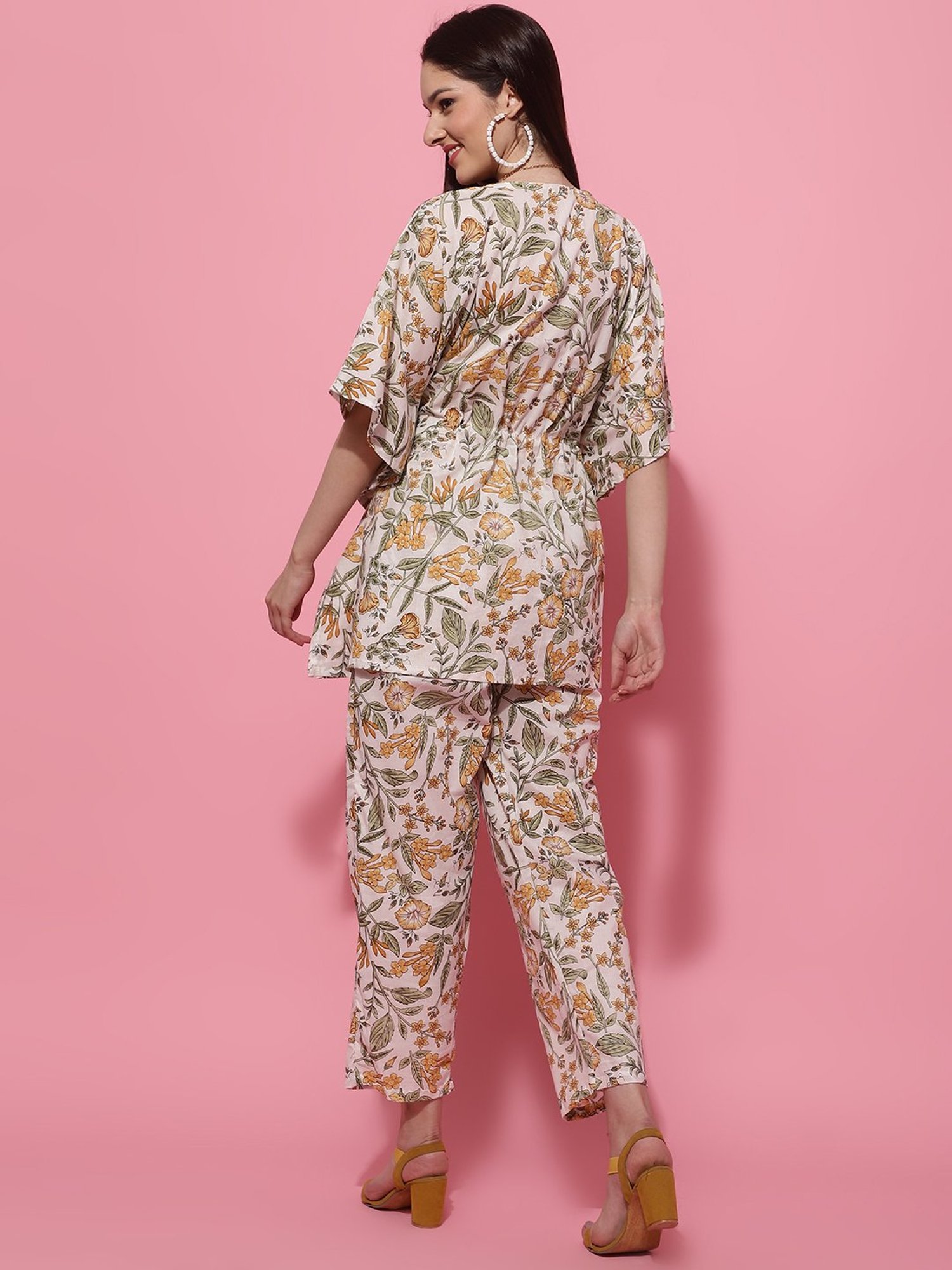 TAG 7 Yellow & White Cotton Floral Print Kaftan Pants Set