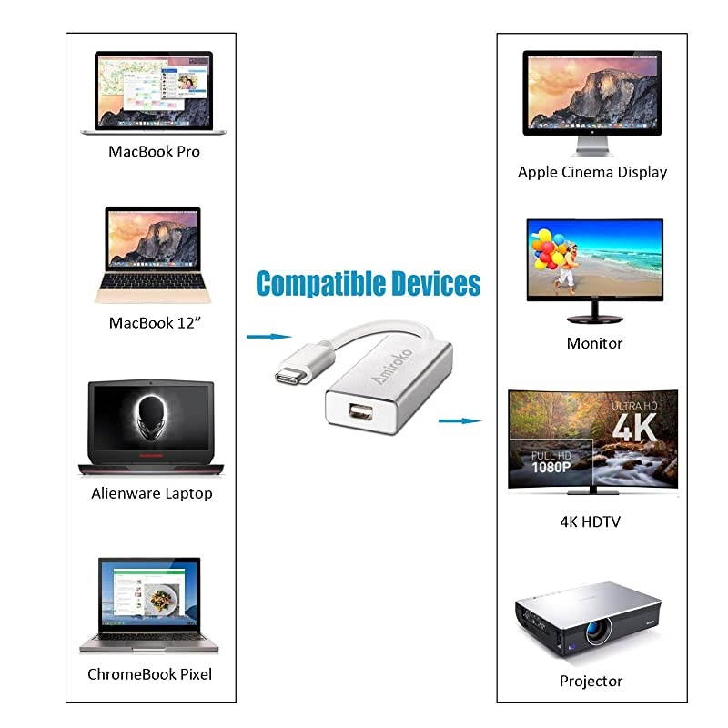 USB-C to Mini DisplayPort Adapter, USB 3.1 Type C (Thunderbolt 3) to Mini DP Adapter 4K Compatible with Lenovo T470, MacBook Pro to LED Cinema Display /Dell Monitor, etc - Silver