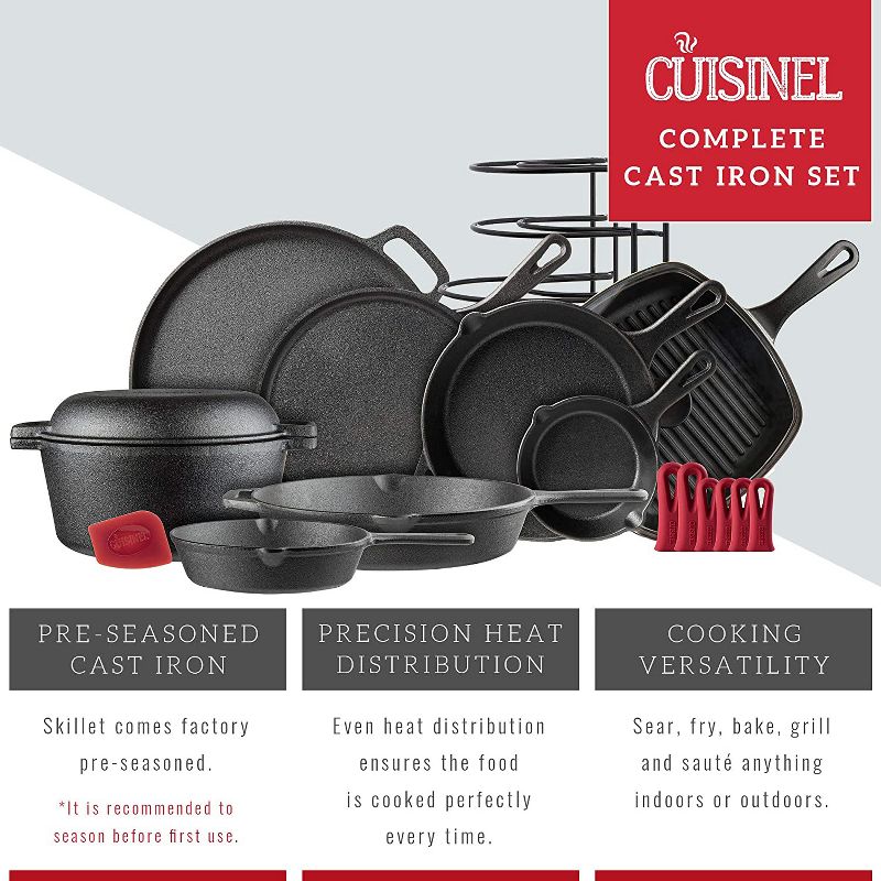 Cuisinel Chefs Essential 11 Piece Cast Iron Pot, Pan, & Griddle Nonstick Kitchen Cookware Set w/ Rack Organizer, 6 Silicone Hot Pan Holders, & Lid