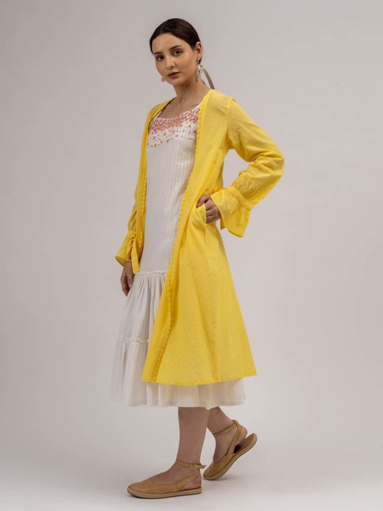 Mushio Yellow Camilla Crochet Lace Detail Cotton Dobby Overlay With Sleeve Tie Ups