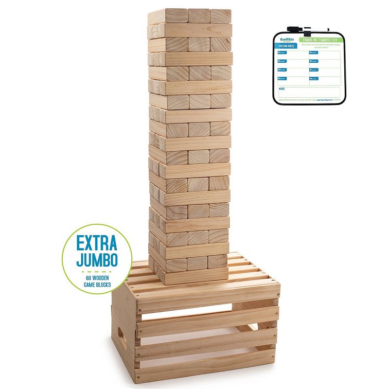 Giantville Indoor Outdoor Backyard Giant 60 Piece Extra Jumbo Solid Pine Hardwood Tumbling Timber Block Toy Tower Game with Storage Crate