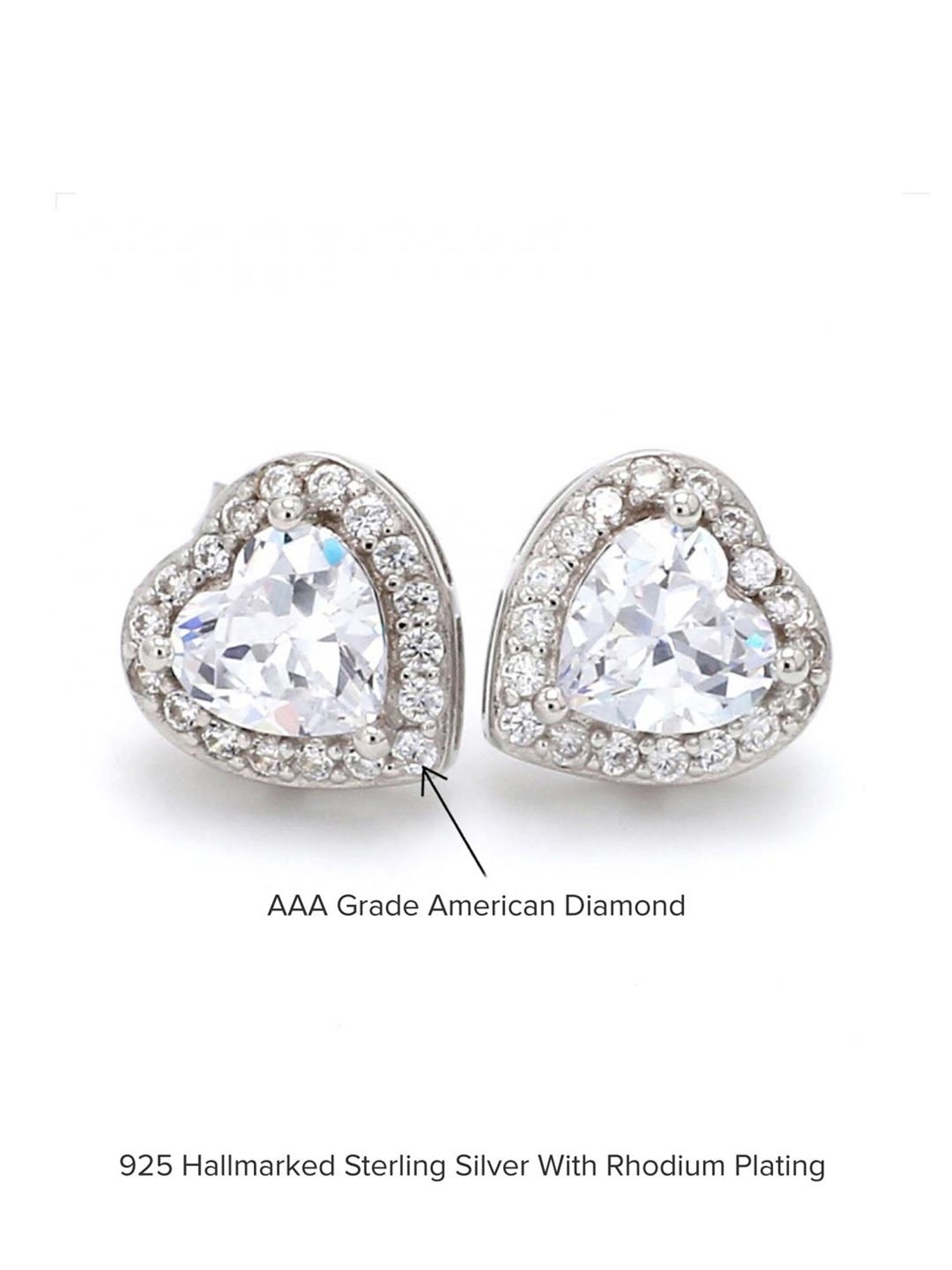 925 Silver Heart AAA Grade American Diamond Halo Studs Earrings for Women & Girls
