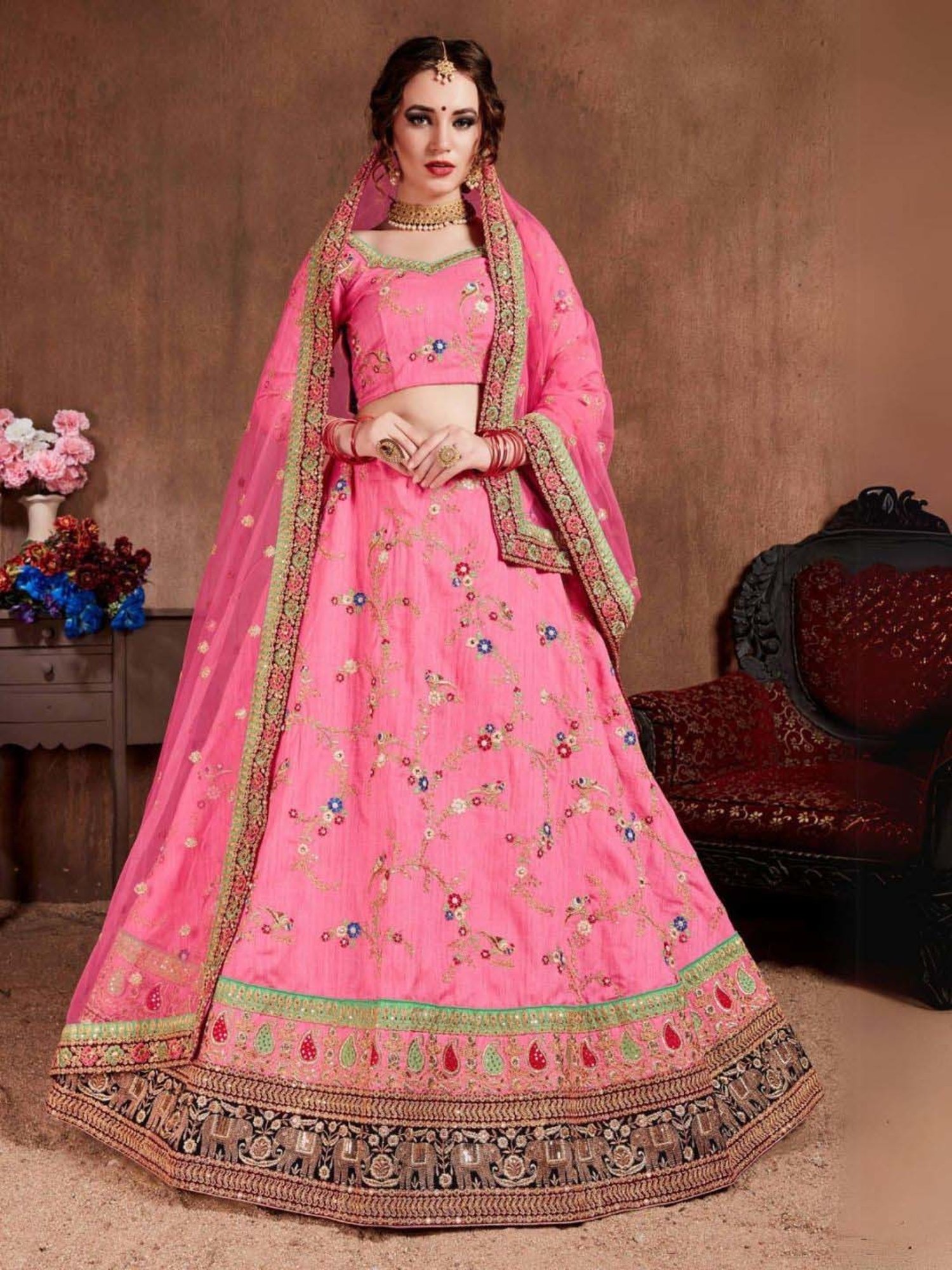 Odette Pink Embroidered Lehenga Choli Set With 2 Pack of Dupatta