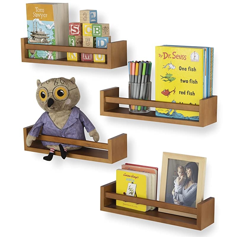Utah Nursery Book Shelf Floating Bookshelf for Kids Room Multiuse Kitchen Spice Rack and Bathroom Organizer Wood Walnut Set of 4