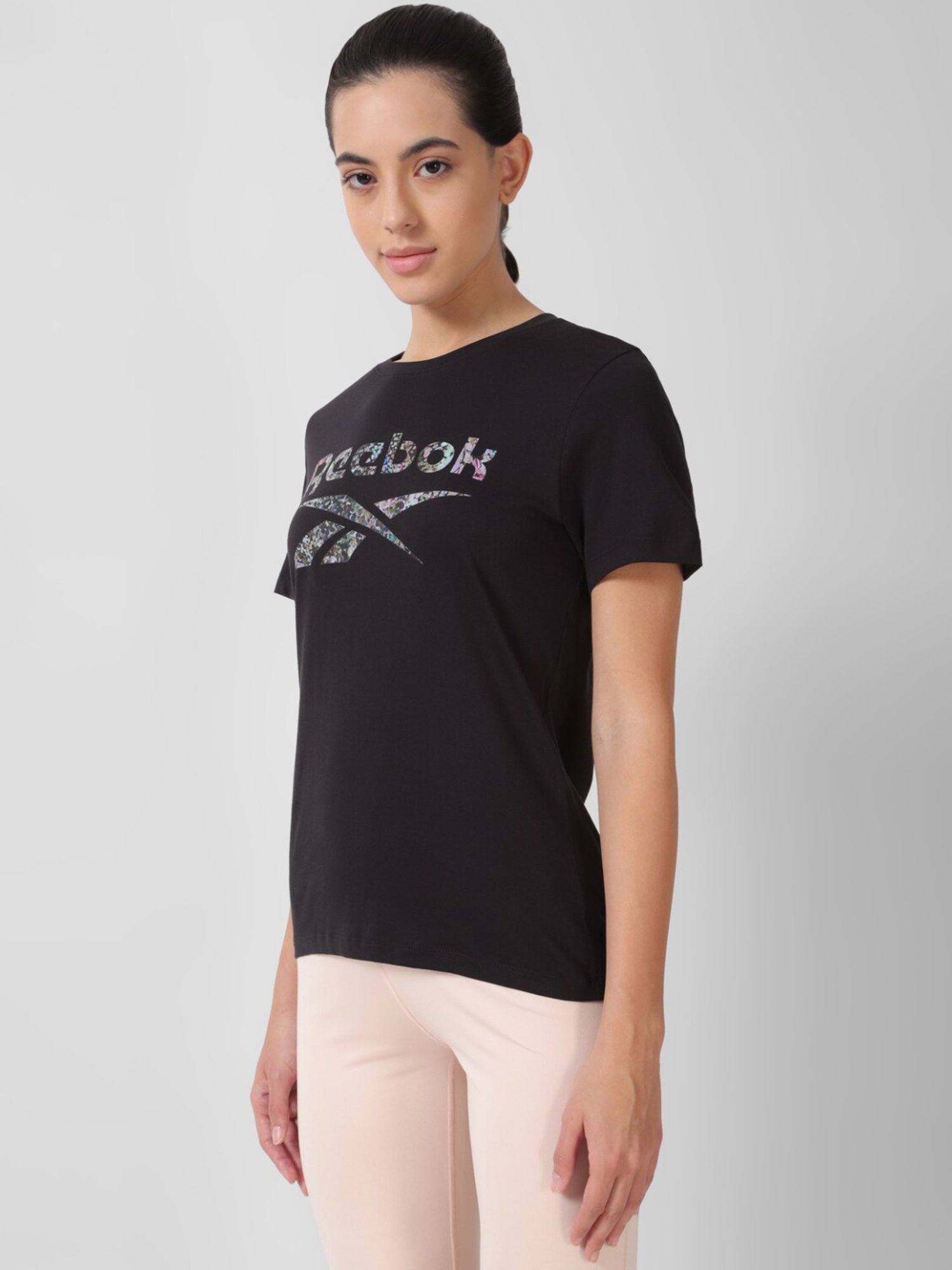 Reebok Black Cotton Logo Print Sports T-Shirt