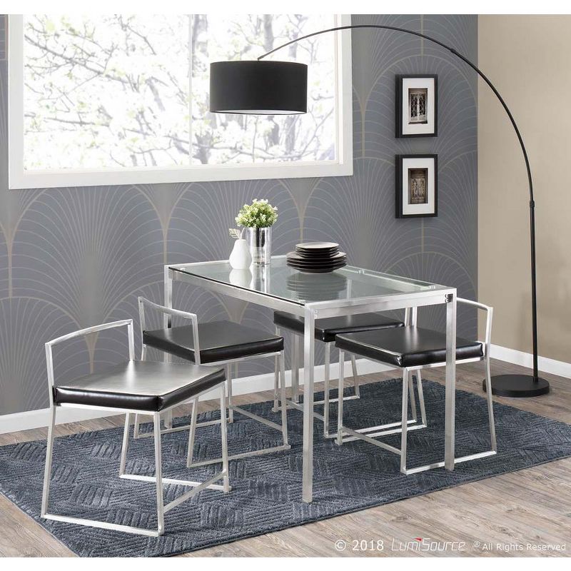 Fuji 5-Piece Contemporary Dining Set in Stainless Steel and Black Faux Leather - LumiSource