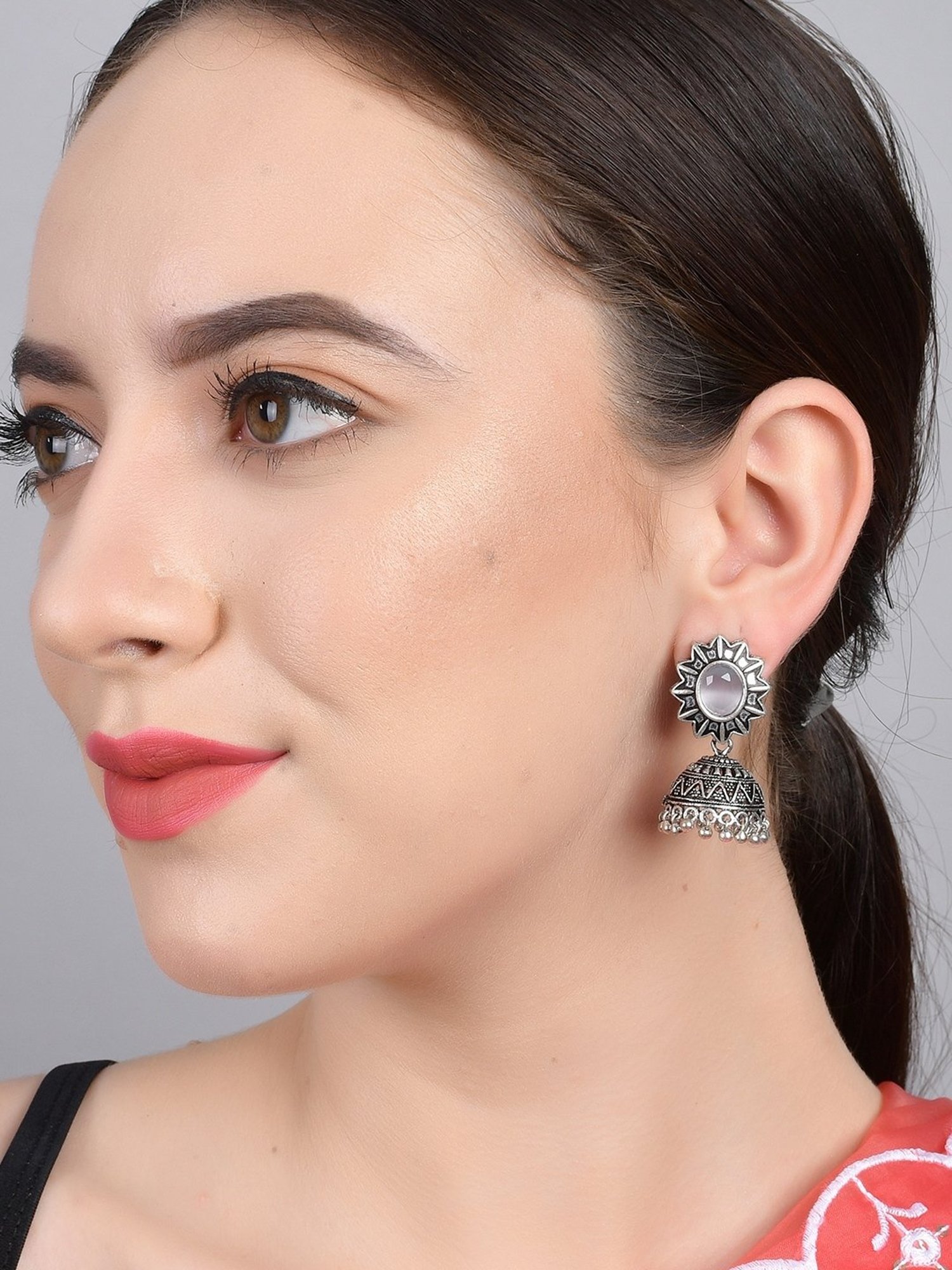 Imli Street White Silver Tone Stone-Studded Handcrafted Jhumki Earrings
