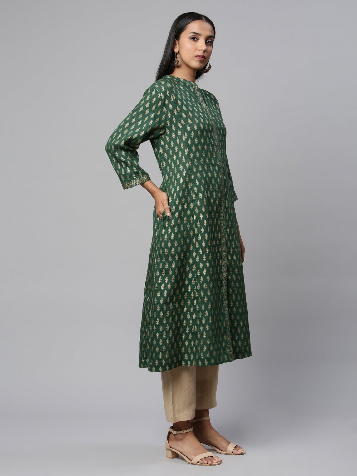Linen Club Woman Green Linen Printed A Line Kurta