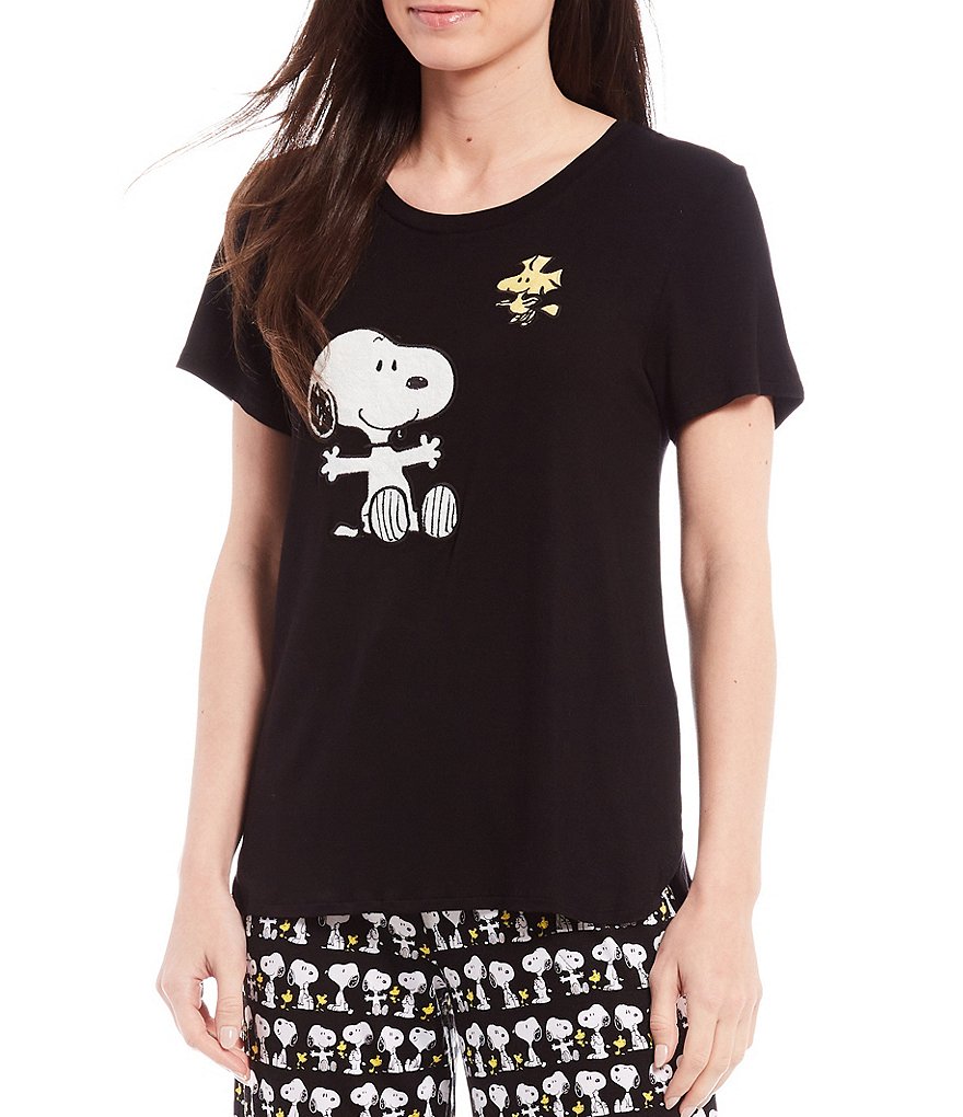 Peanuts Snoopy & Woodstock Appliqued Solid Jersey Knit Coordinating Sleep Tee