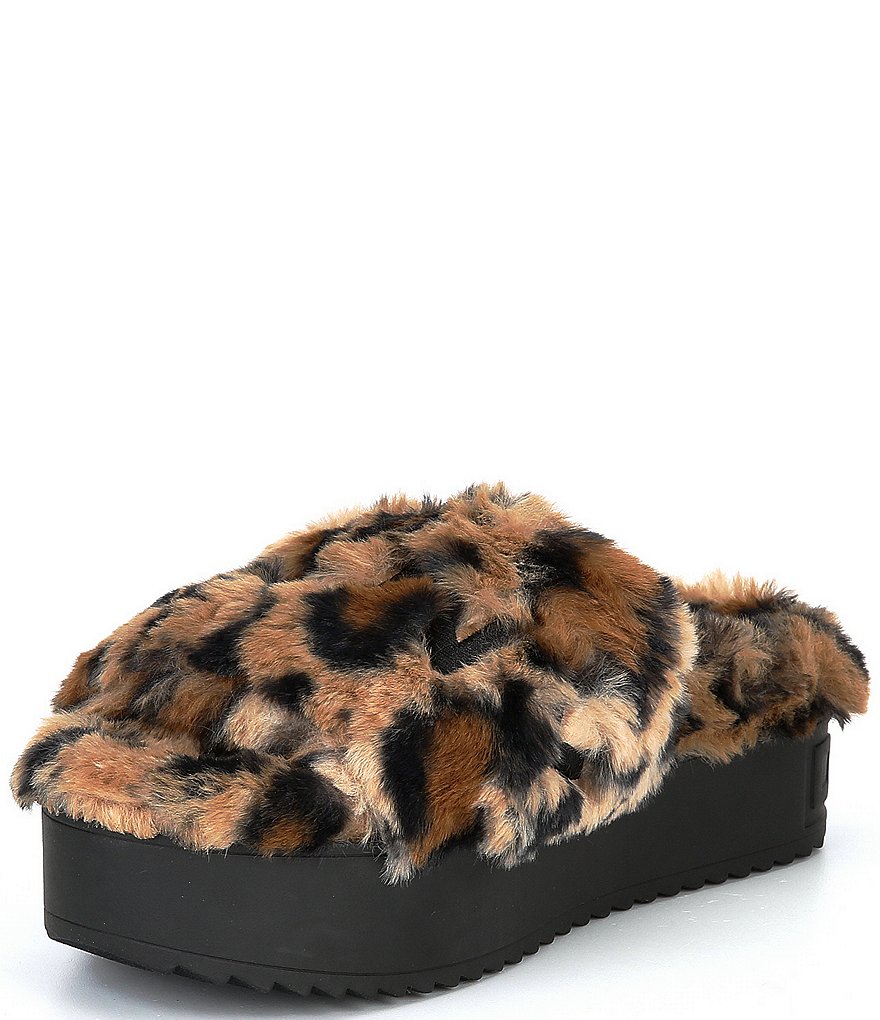 DKNY Palz Leopard Print Faux Fur Signature Logo Platform Slides