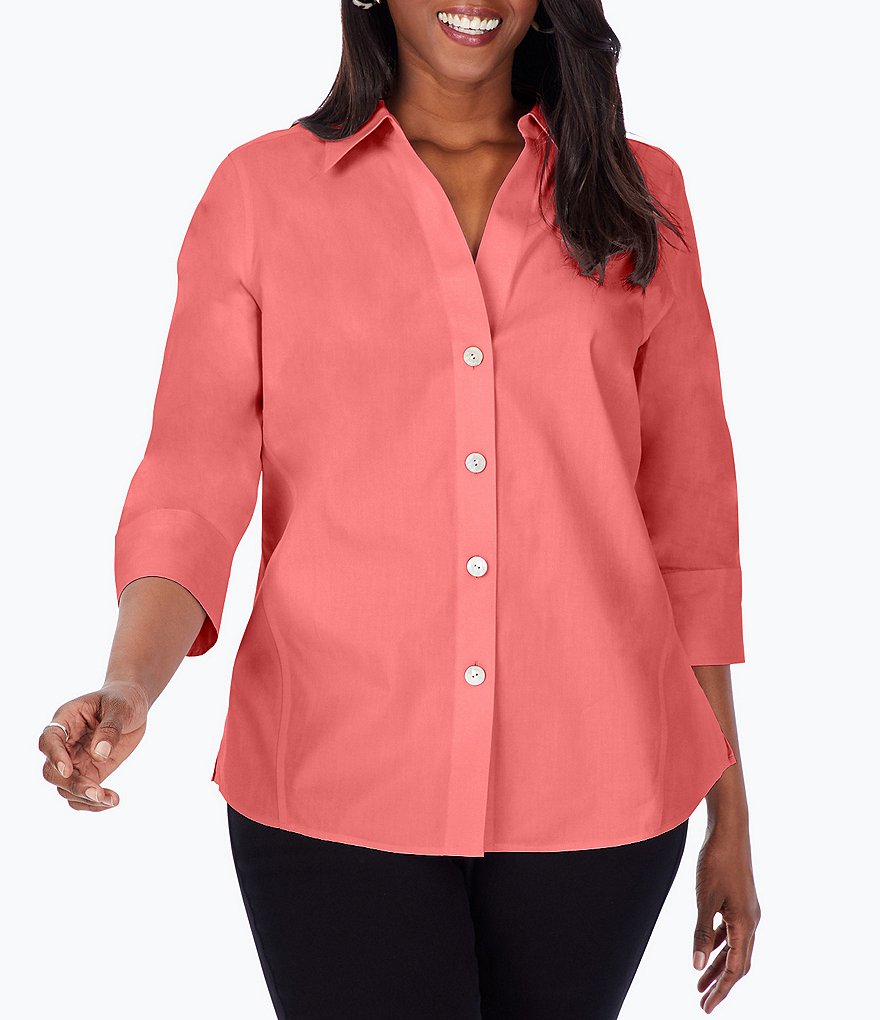 Foxcroft Plus Size Point Collar Neck 3/4 Sleeve Paityn Solid Shirt