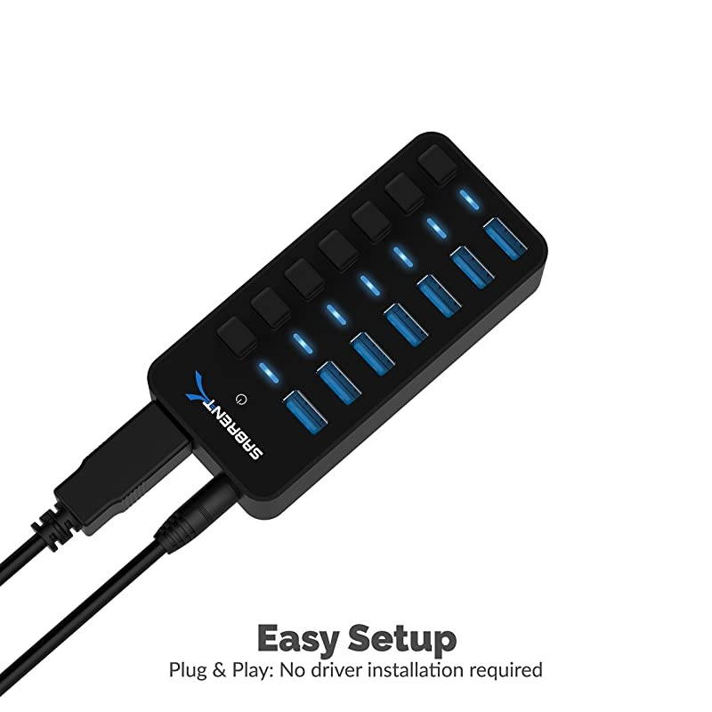 36W 7Port USB 30 Hub with Individual Power Switches and LEDs Includes 36W 12V3A Power Adapter HBBUP7