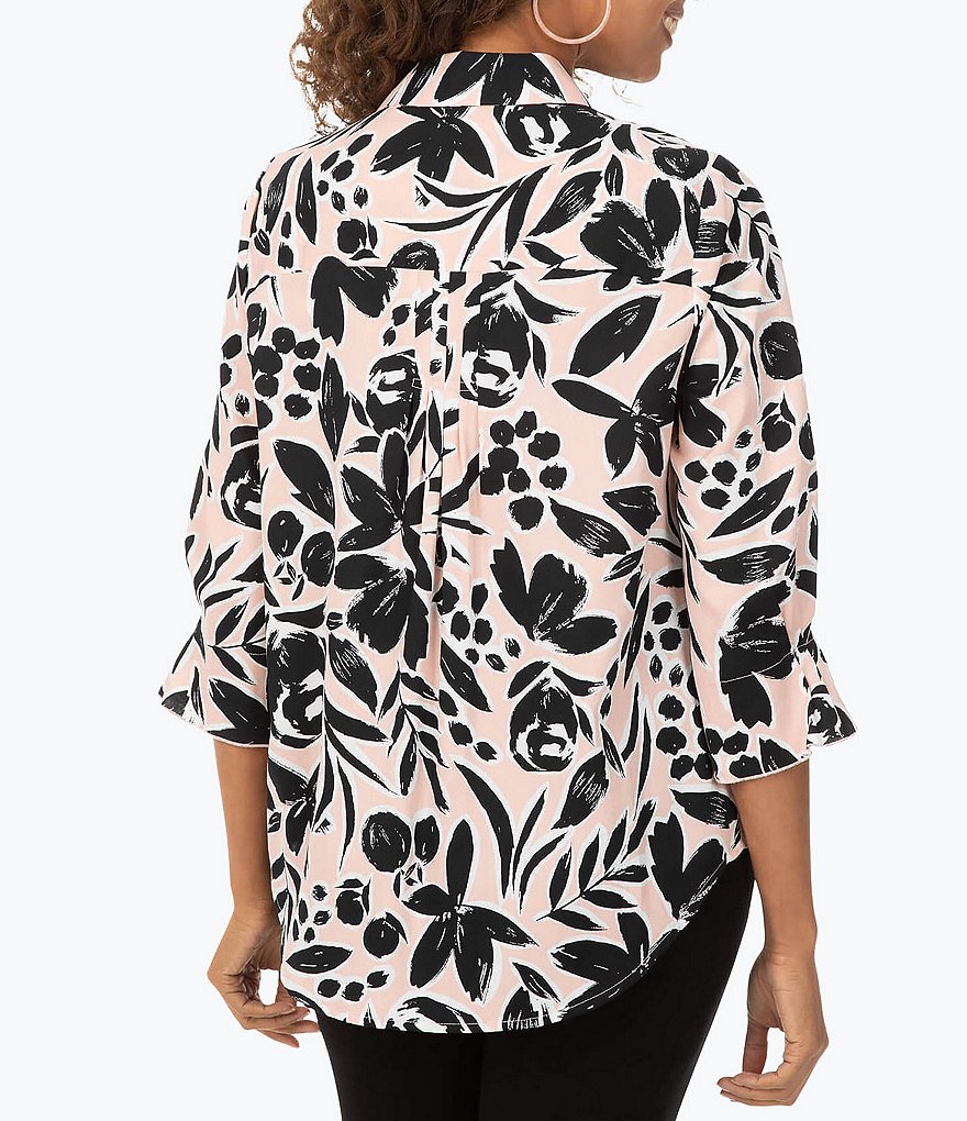 Foxcroft Flirty Floral Point Collar Neck 3/4 Pleat Sleeve Non-Iron Cotton Shirt