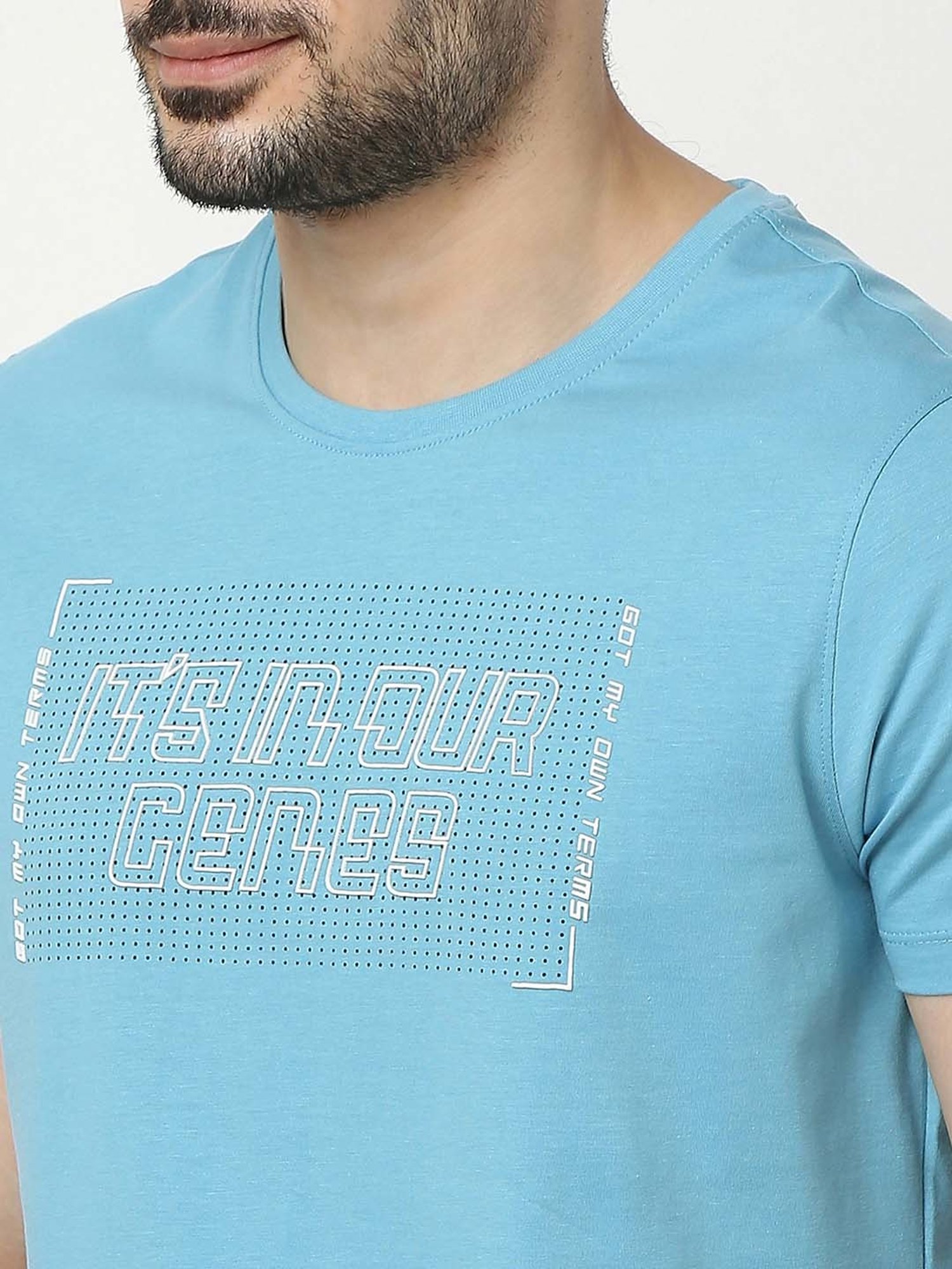 UnderJeans by Spykar Blue Regular Fit Self Design Cotton Crew T-Shirt